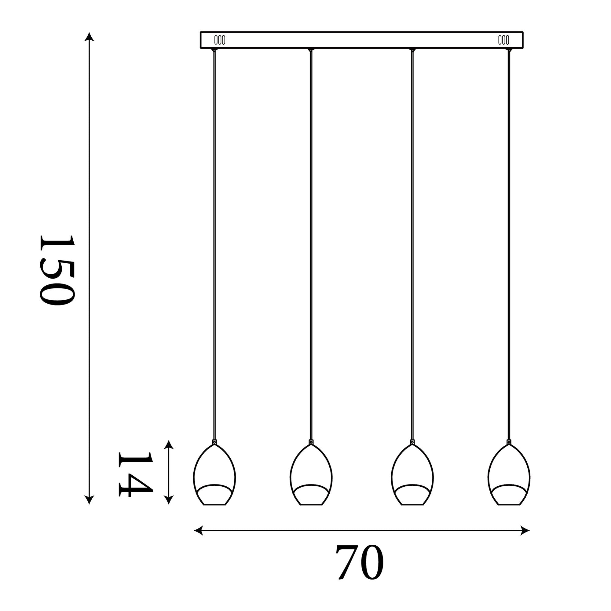 Technical line drawing of the Seeds 4 Light Bar Pendant showing a 150cm maximum drop, 14cm shade height and 70cm bar length