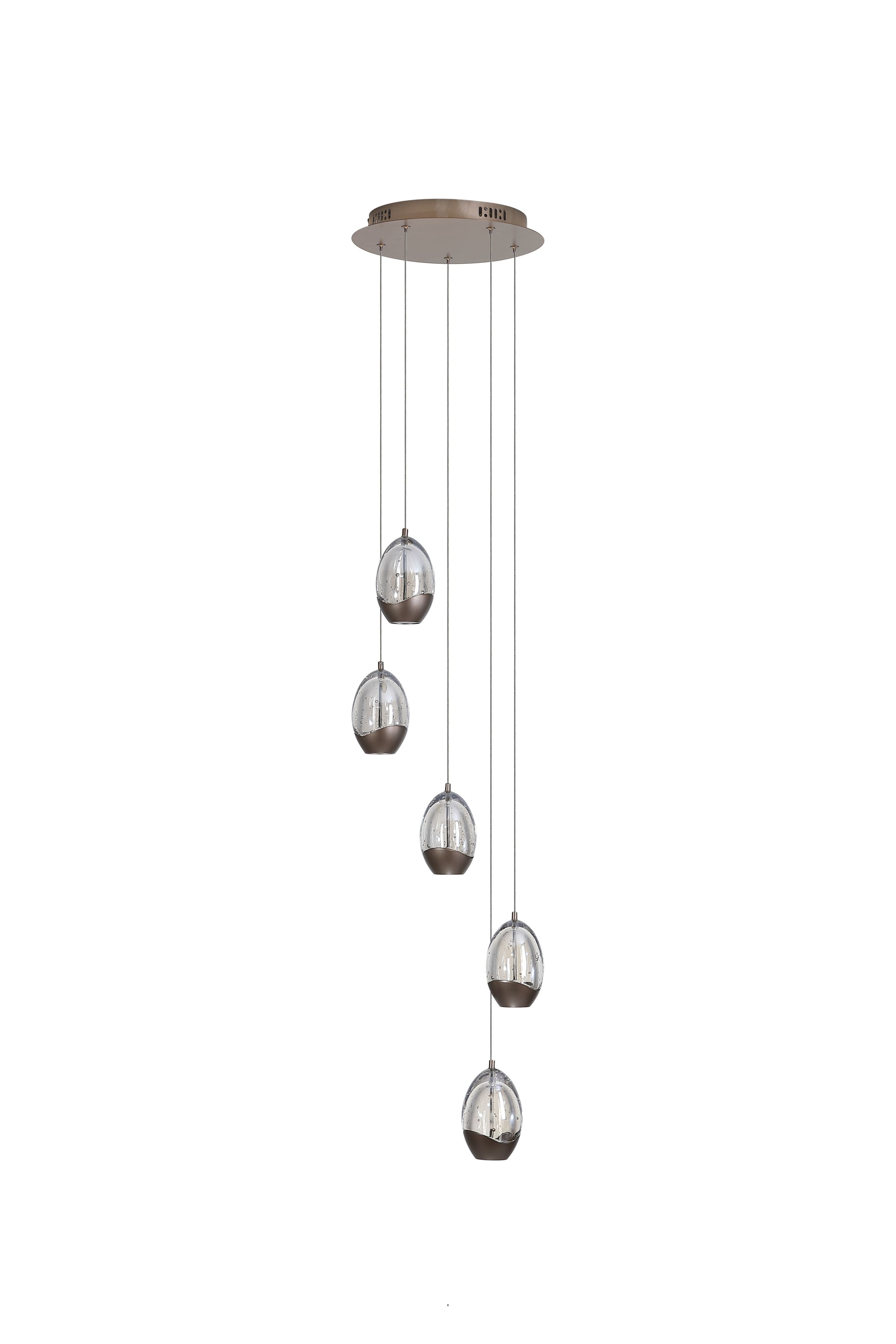 Searchlight Seeds 5 Light Multi Drop Pendant, alternate view of the five staggered teardrop shades beneath the round bronze ceiling plate