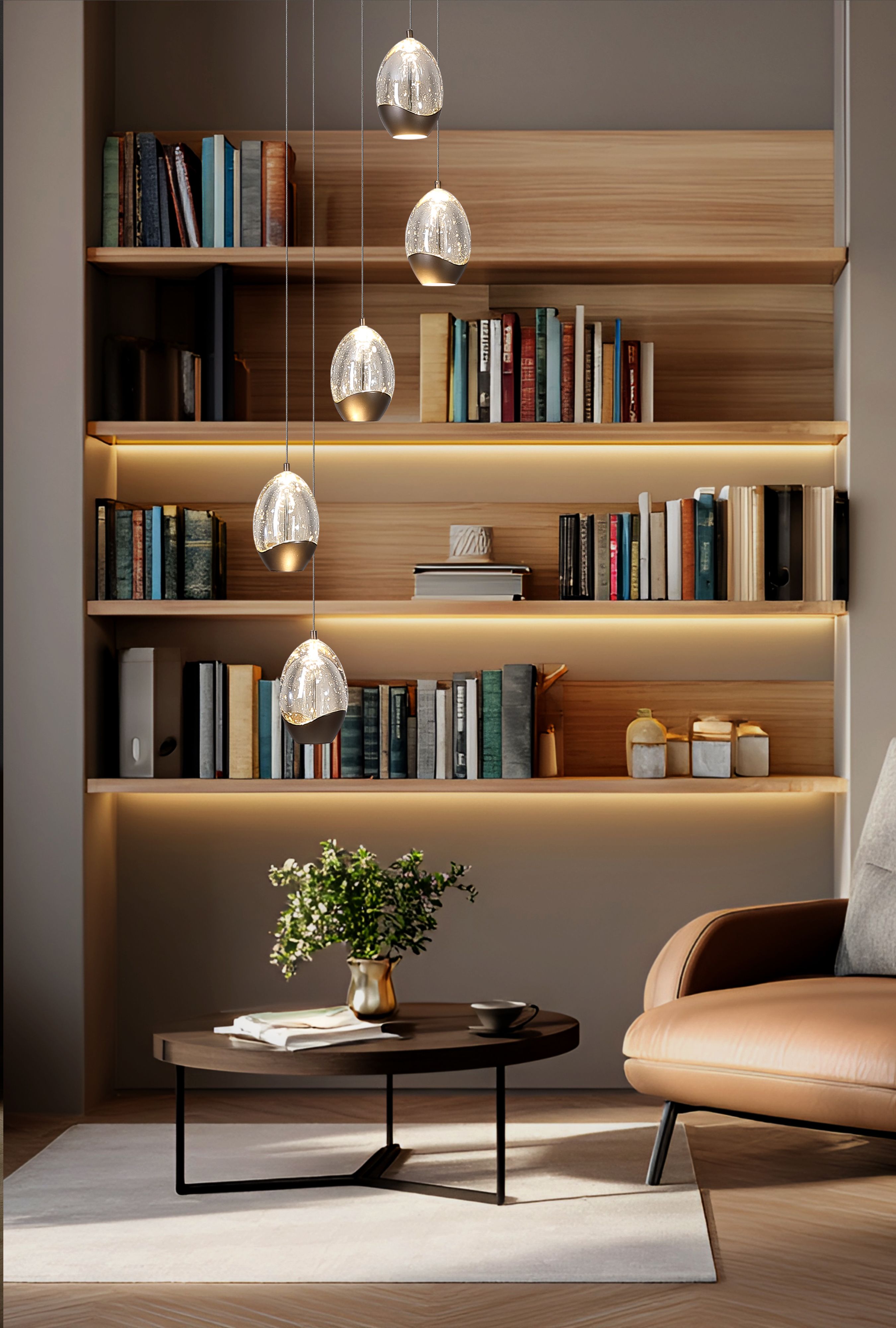 Searchlight Seeds 5 Light Multi Drop Pendant styled beside a bookshelf in a living room, shades glowing warm white at staggered heights