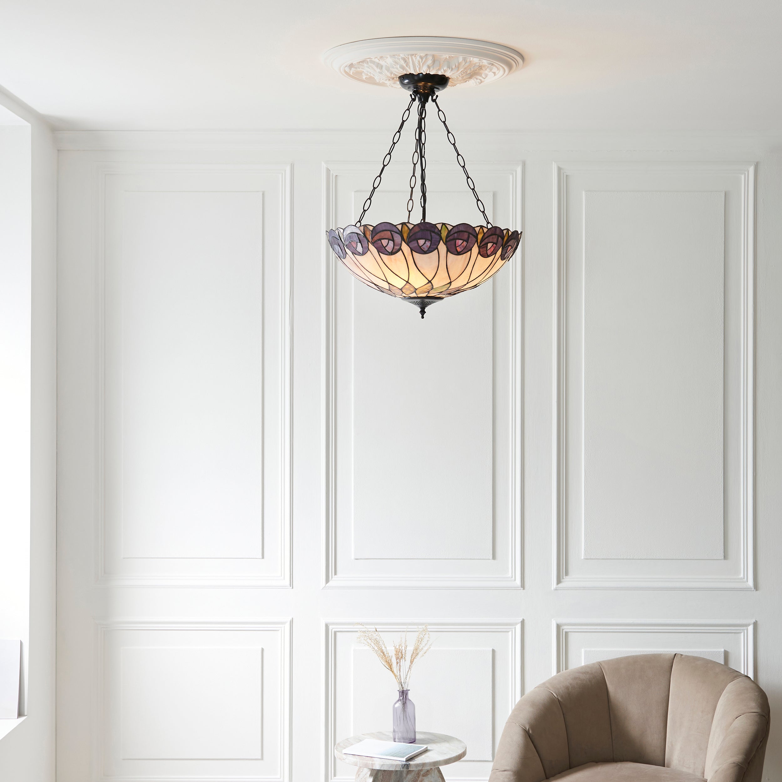 Interiors 1900 Hutchinson Large Inverted 3 Light Pendant - Handcrafted Tiffany Style Glass