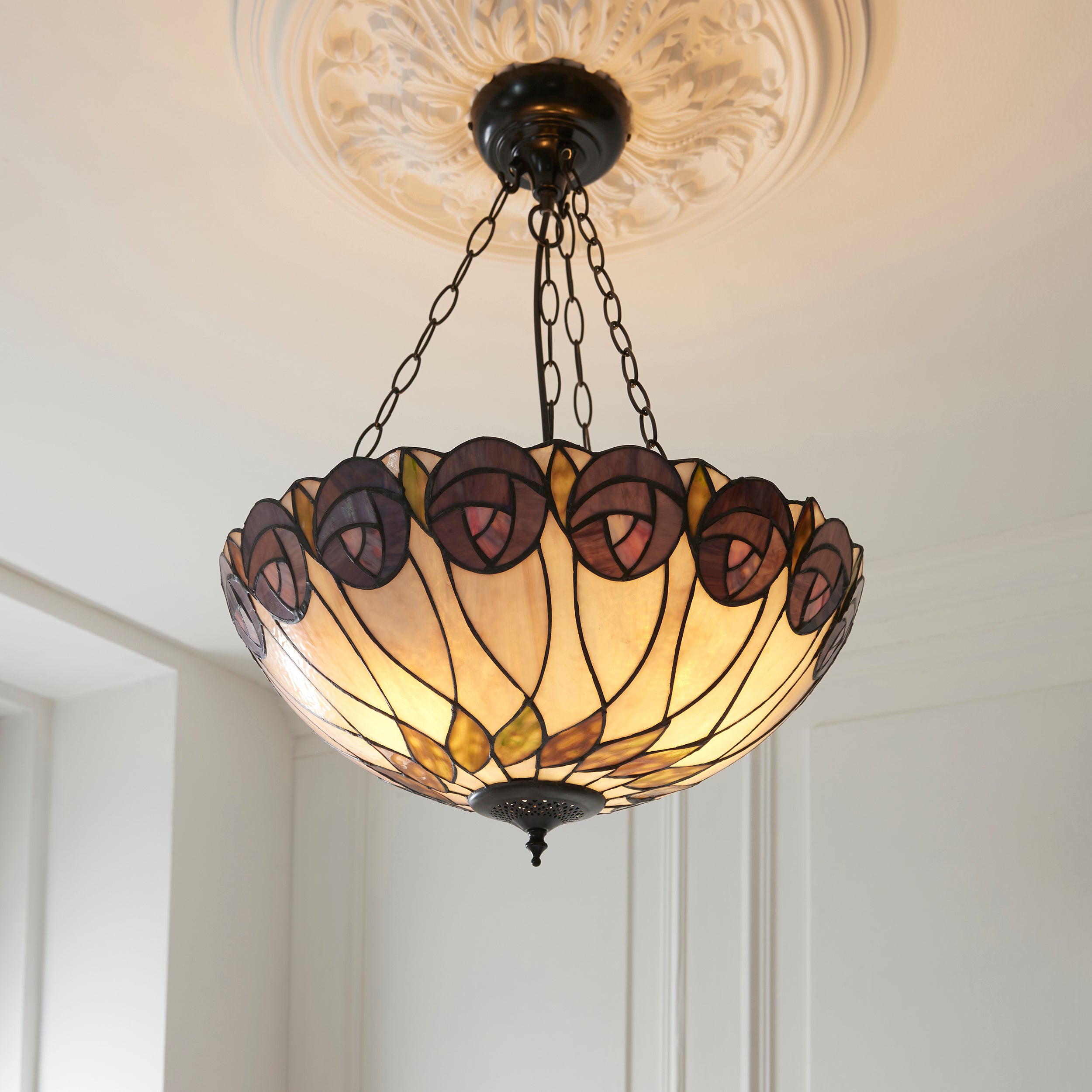 Interiors 1900 Hutchinson Large Inverted 3 Light Pendant - Handcrafted Tiffany Style Glass