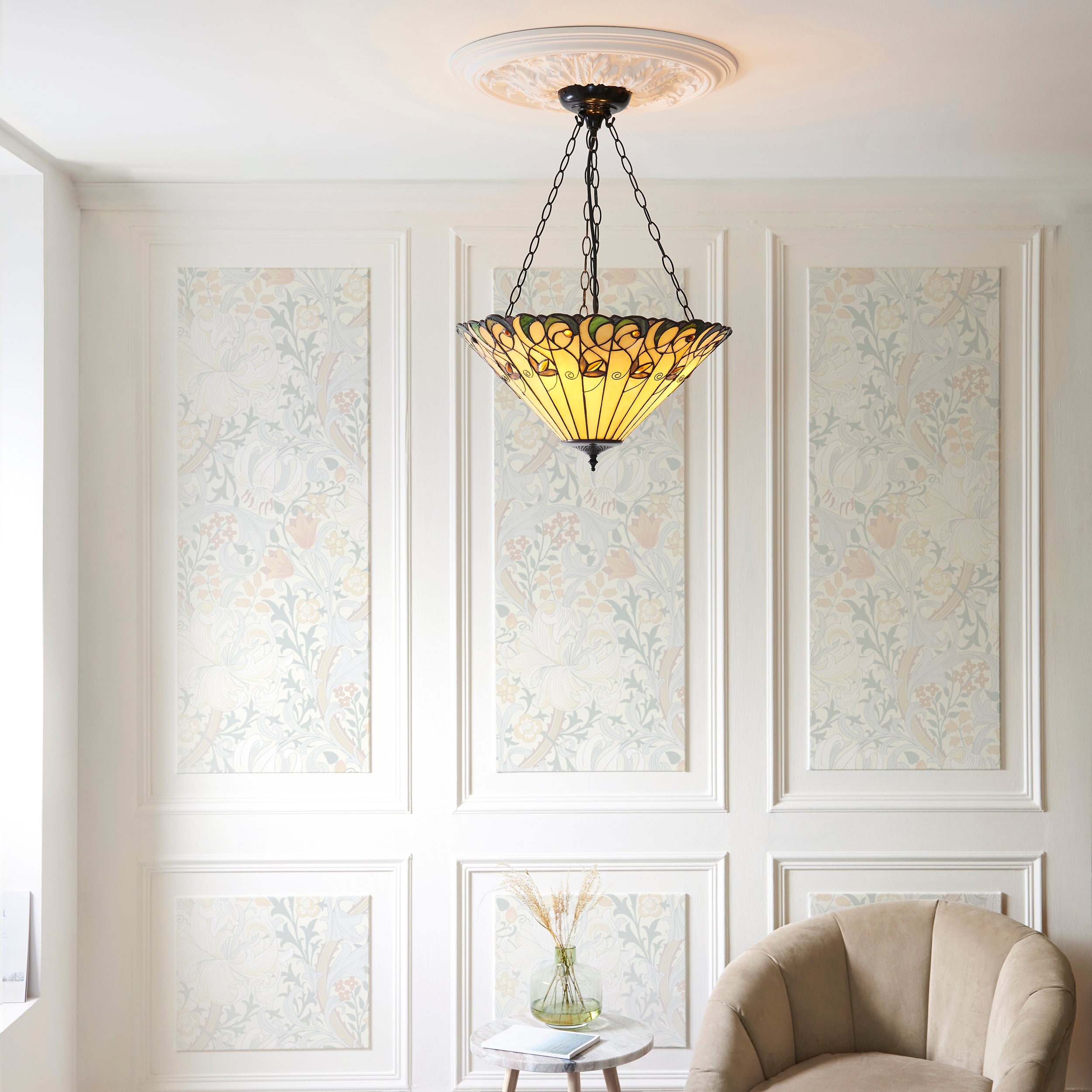 Interiors 1900 Jamelia 3 Light Inverted Pendant - Handcrafted Tiffany Style Glass