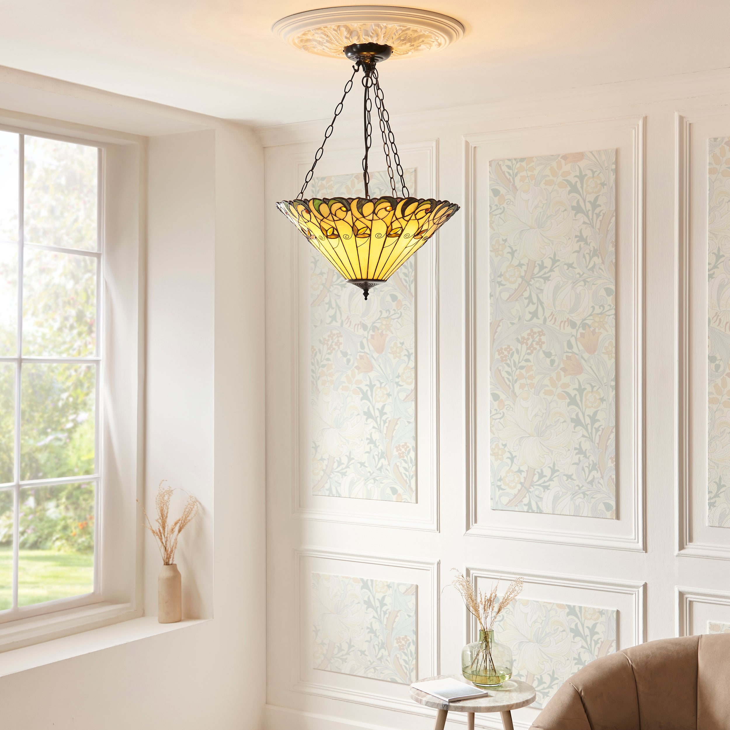 Interiors 1900 Jamelia 3 Light Inverted Pendant - Handcrafted Tiffany Style Glass