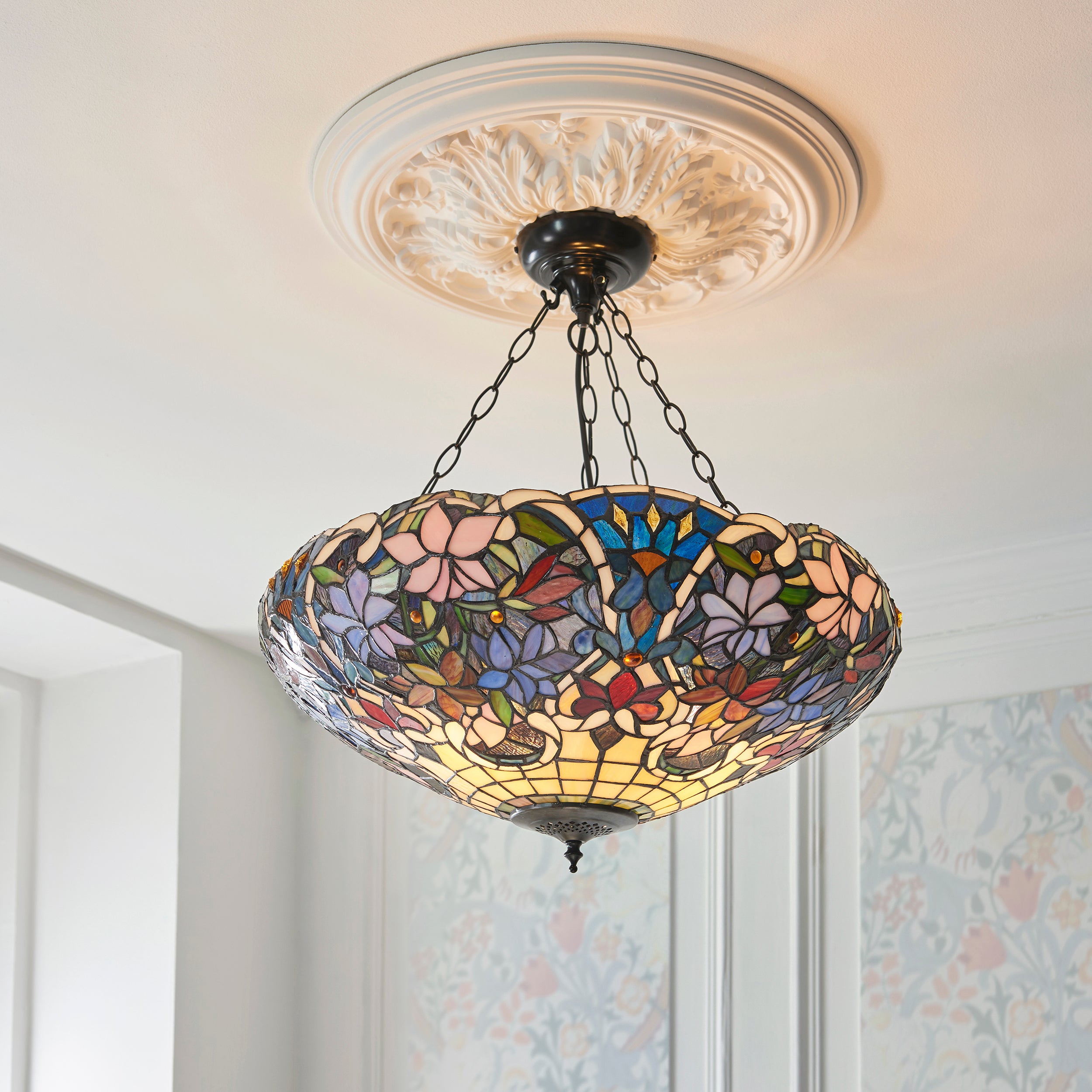 Interiors 1900 Sullivan 3 Light Inverted Pendant - Handcrafted Tiffany Style Glass