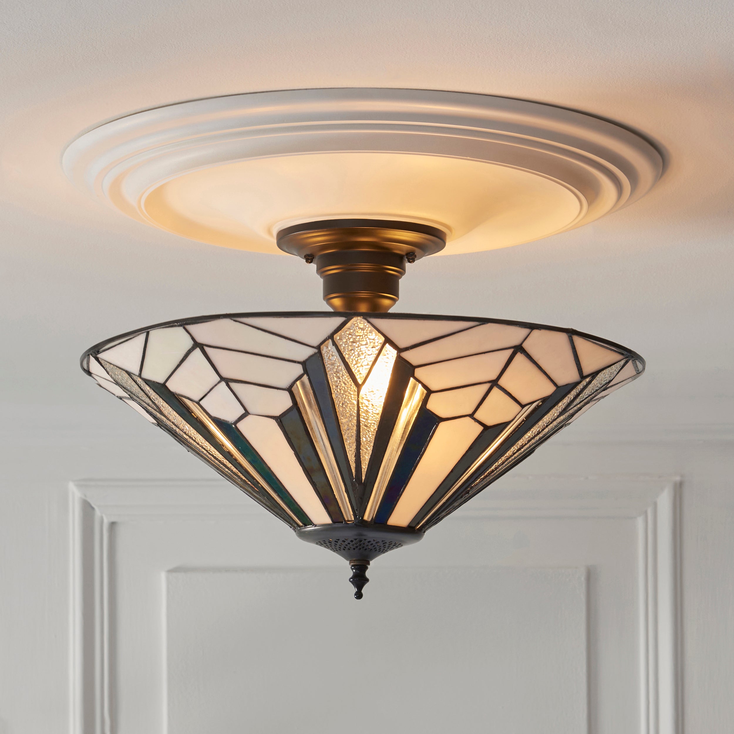 Interiors 1900 Astoria 3 Light Semi Flush Pendant -Handcrafted Tiffany Style Glass