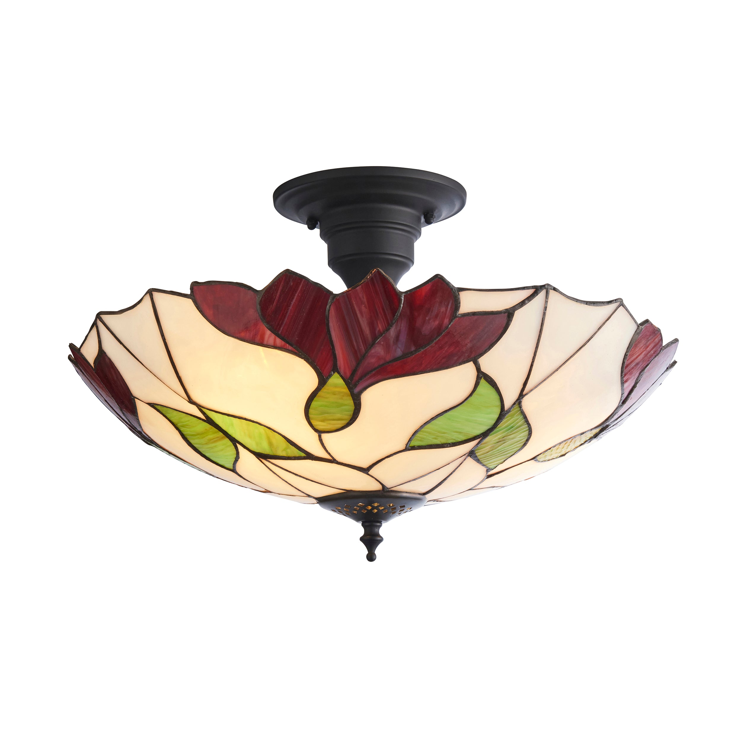 Interiors 1900 Botanica Large 3 Light Semi Flush Pendant -Handcrafted Tiffany Style Glass