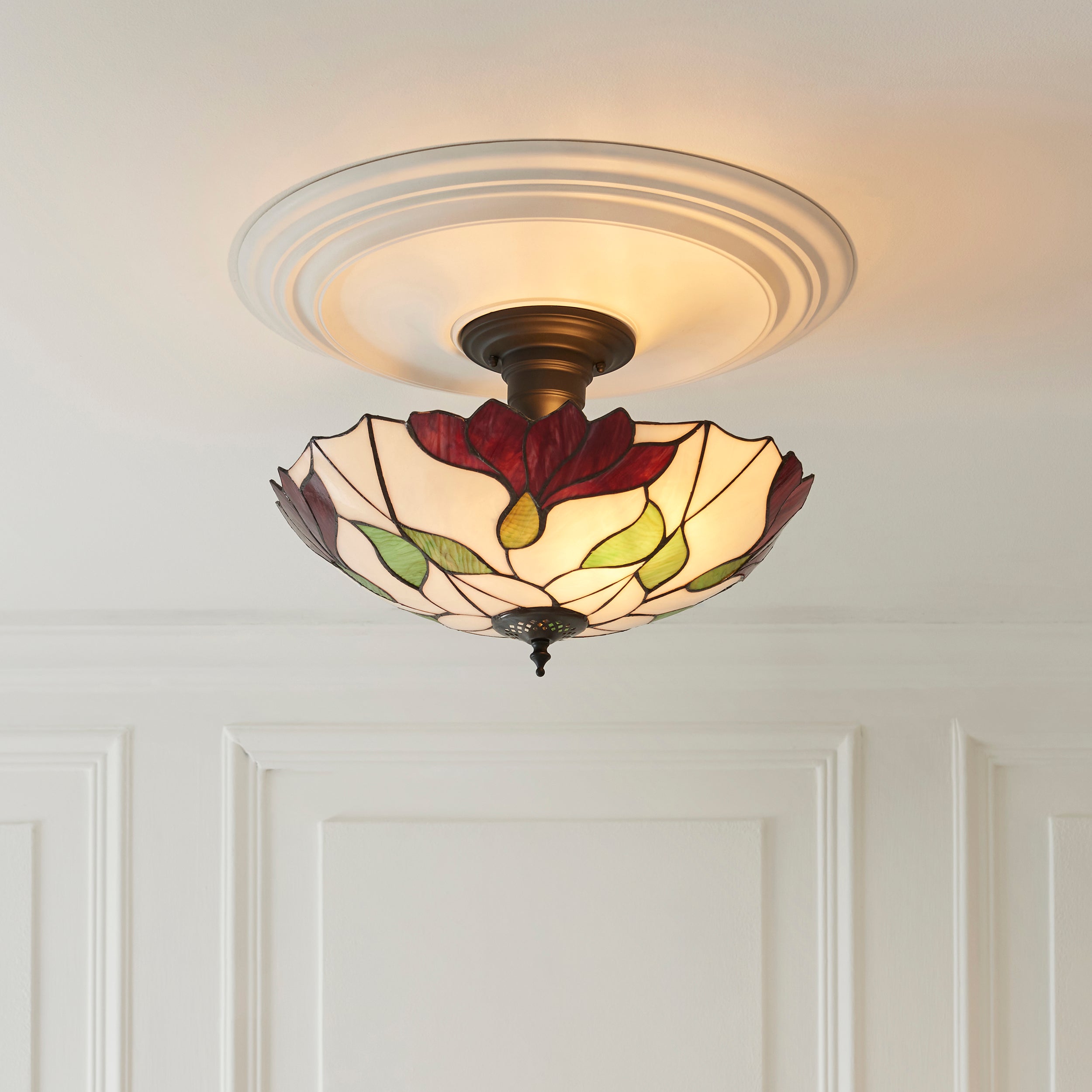 Interiors 1900 Botanica Large 3 Light Semi Flush Pendant -Handcrafted Tiffany Style Glass