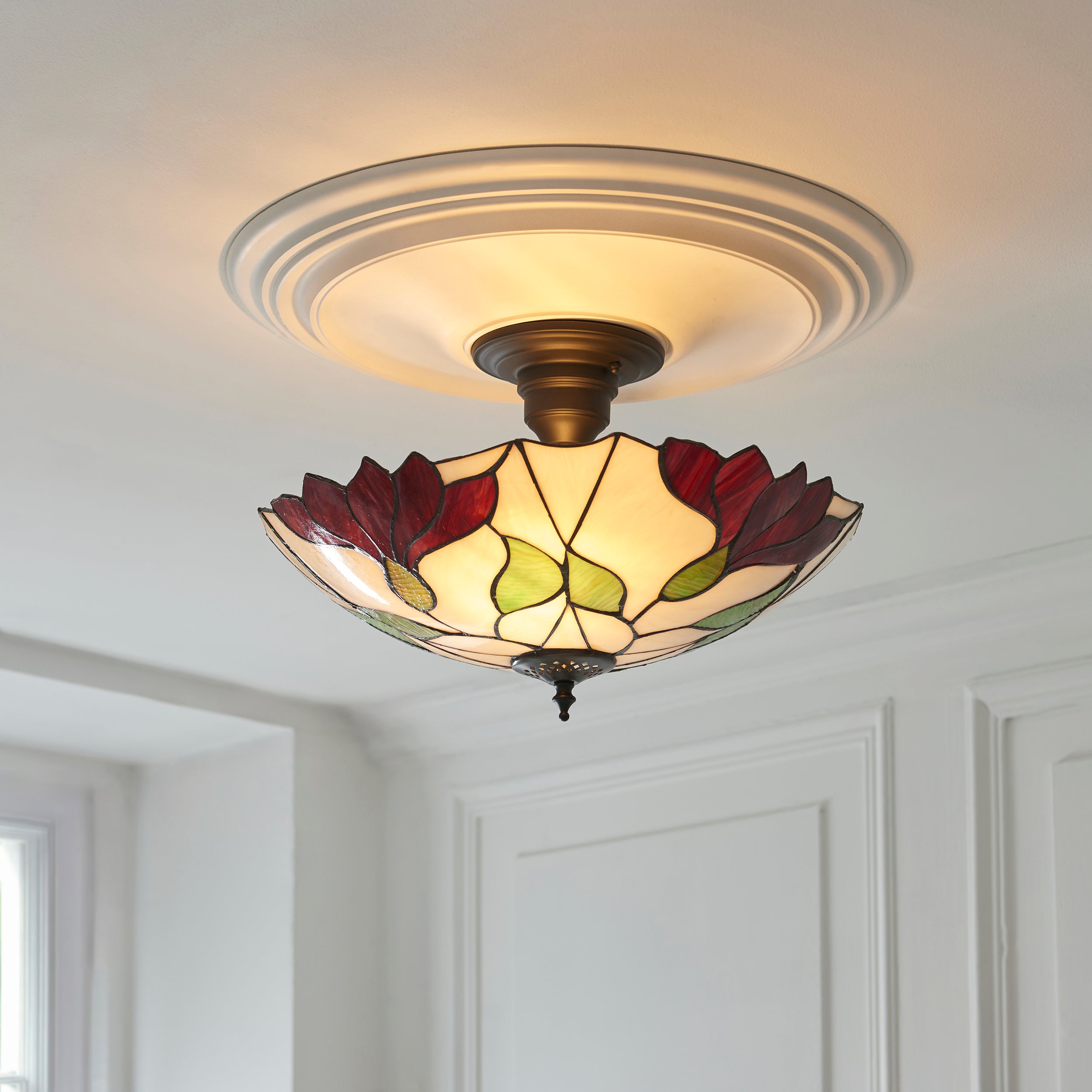 Interiors 1900 Botanica Large 3 Light Semi Flush Pendant -Handcrafted Tiffany Style Glass