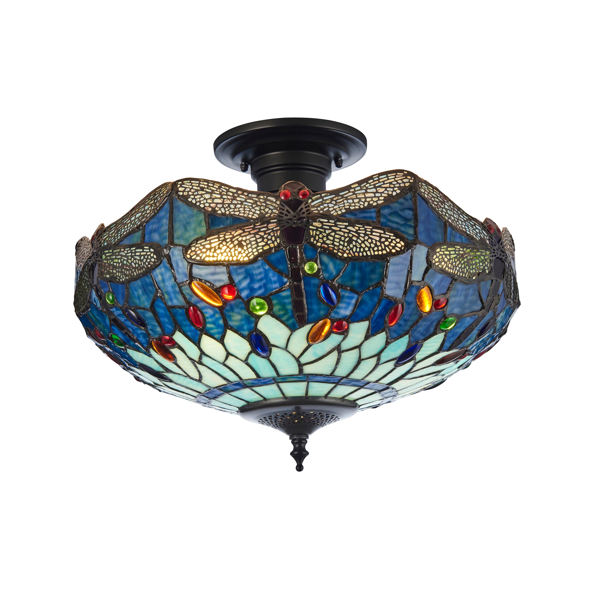 Interiors 1900 Dragonfly Blue 3 Light Semi Flush Pendant - Handcrafted Tiffany Style Glass