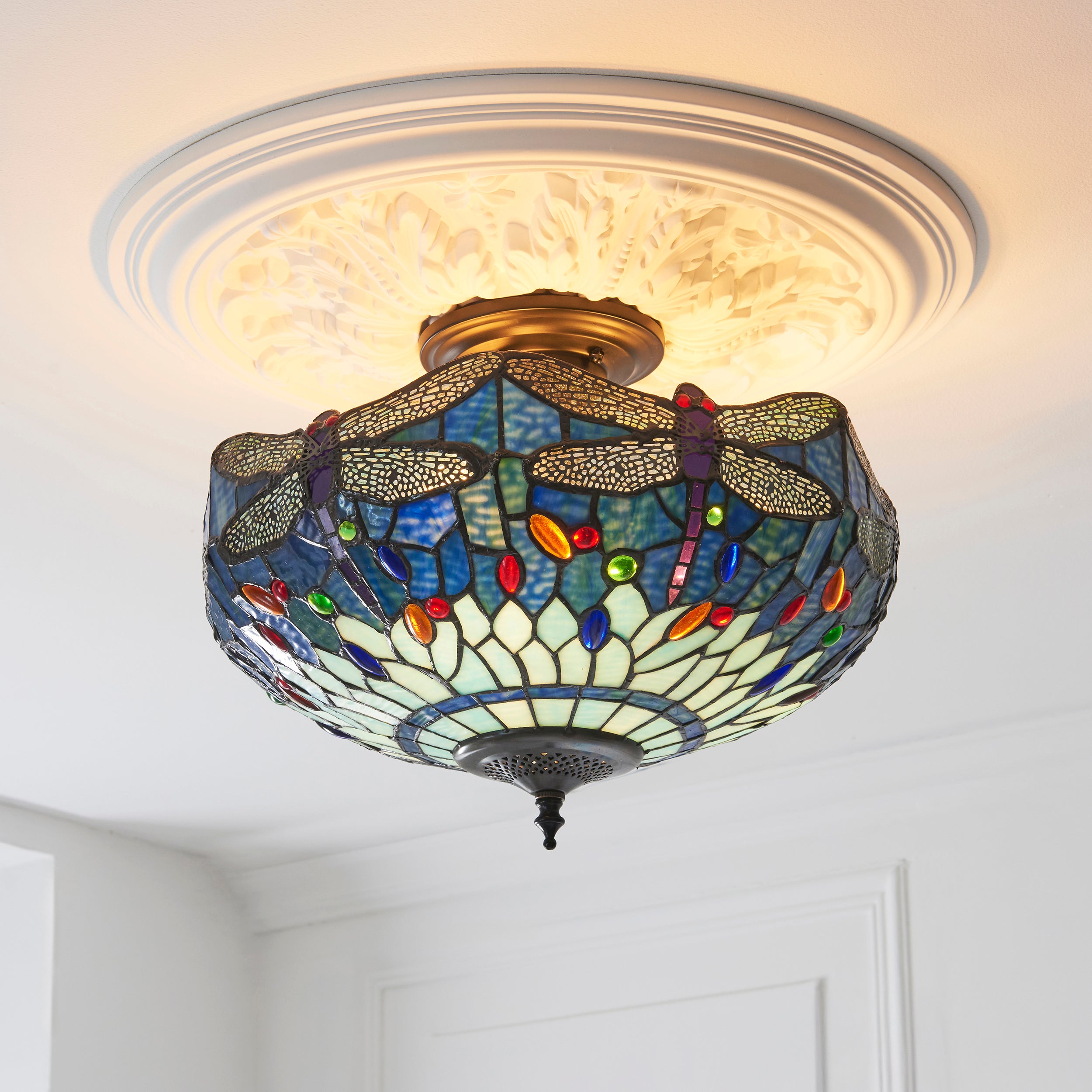 Interiors 1900 Dragonfly Blue 3 Light Semi Flush Pendant - Handcrafted Tiffany Style Glass