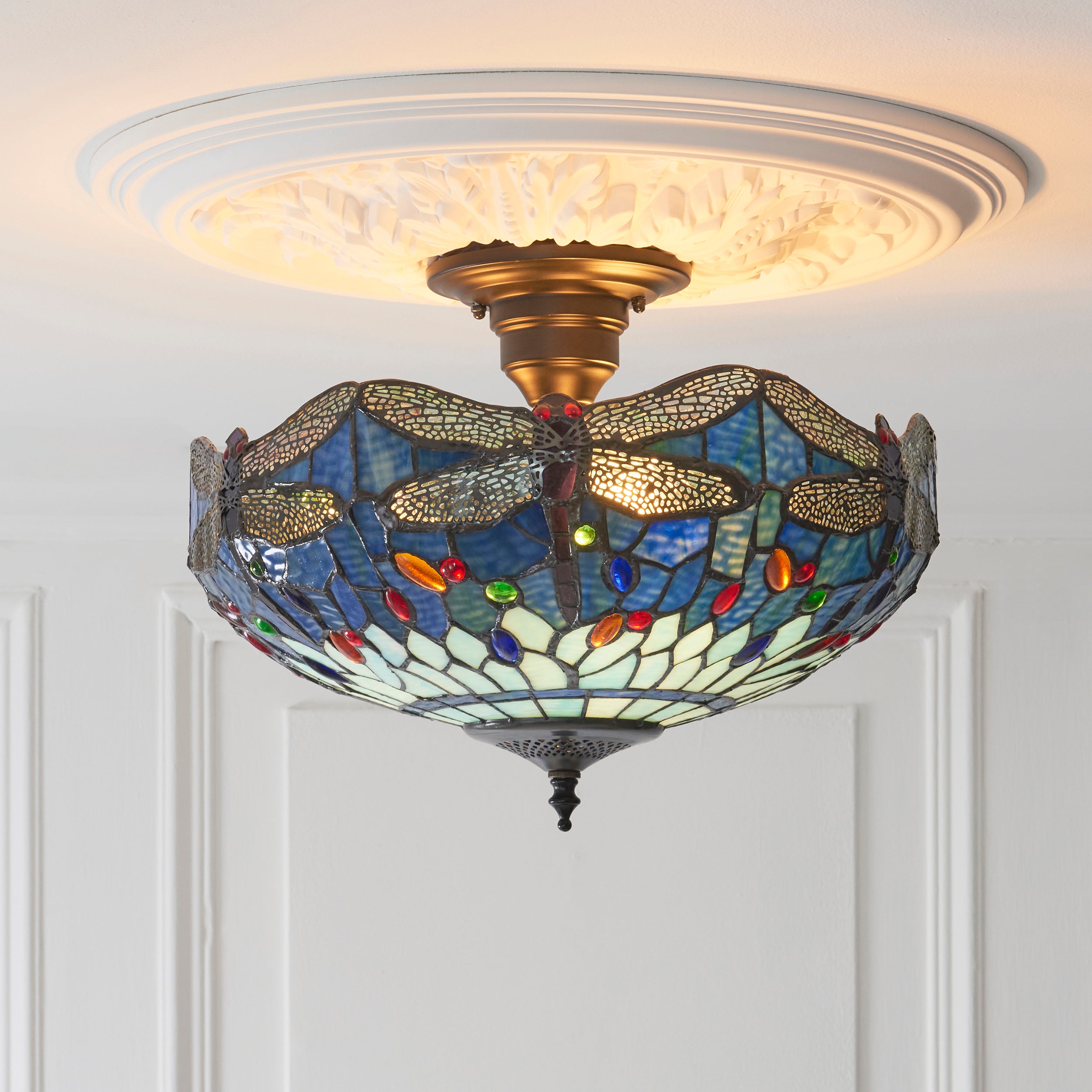 Interiors 1900 Dragonfly Blue 3 Light Semi Flush Pendant - Handcrafted Tiffany Style Glass