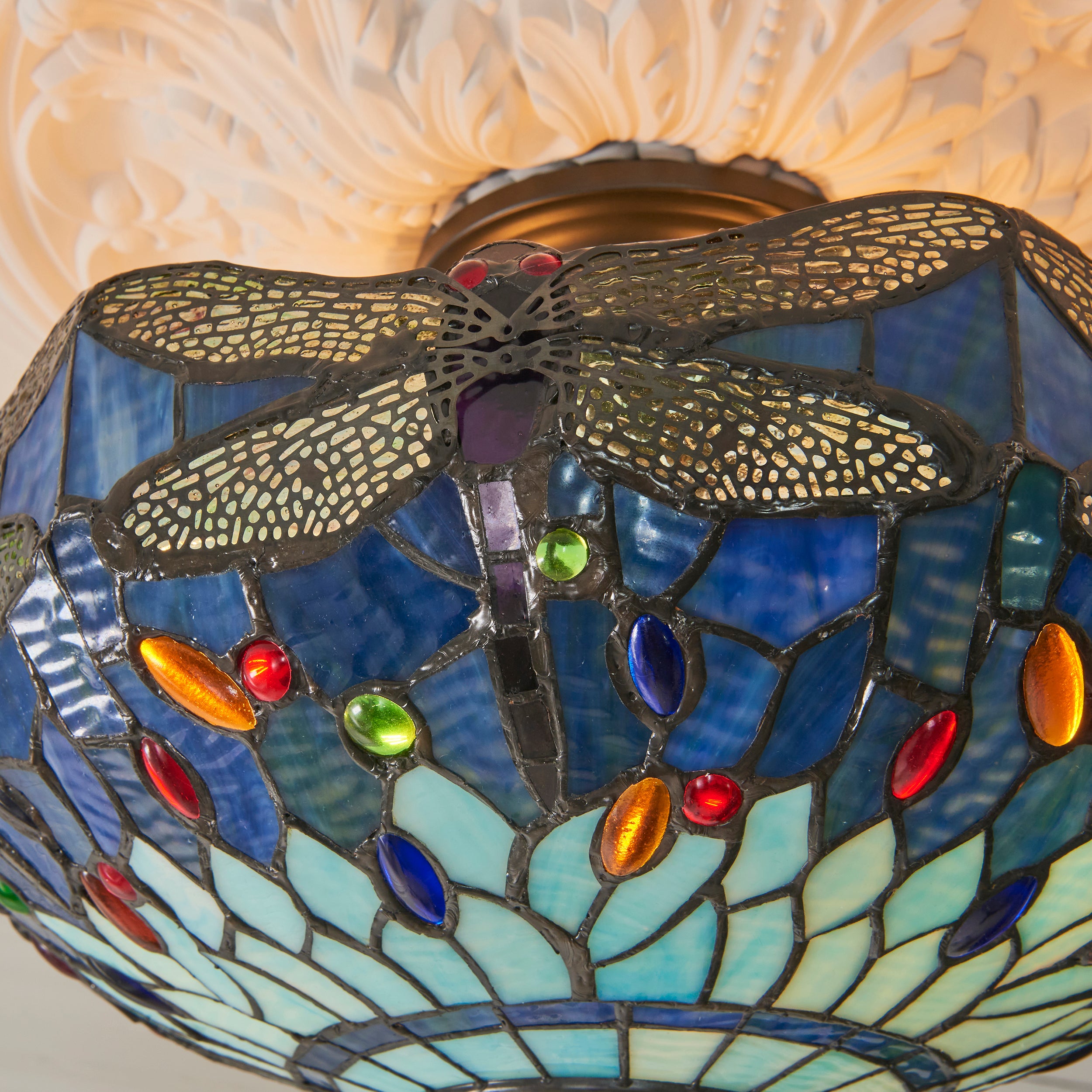 Interiors 1900 Dragonfly Blue 3 Light Semi Flush Pendant - Handcrafted Tiffany Style Glass