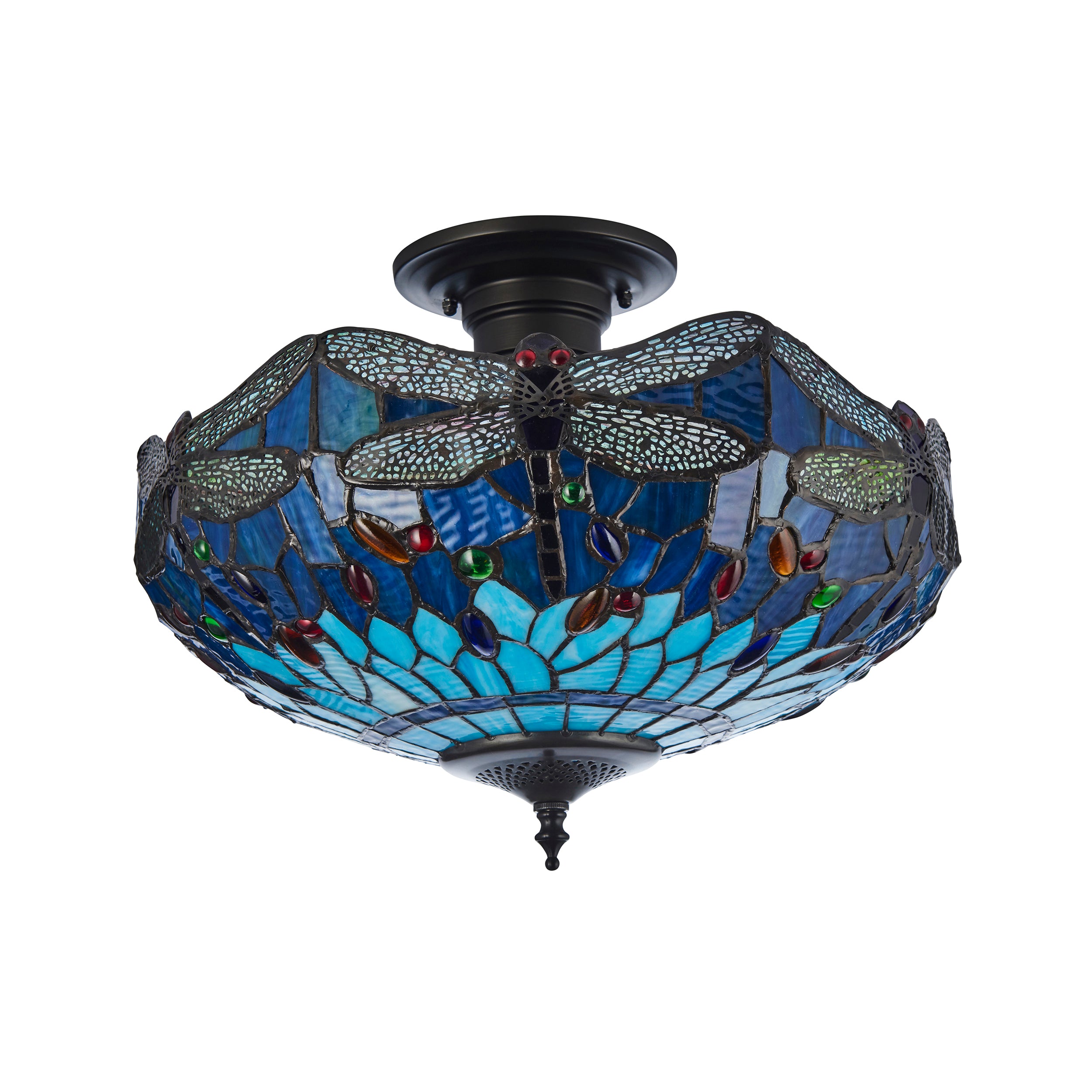 Interiors 1900 Dragonfly Blue 3 Light Semi Flush Pendant - Handcrafted Tiffany Style Glass