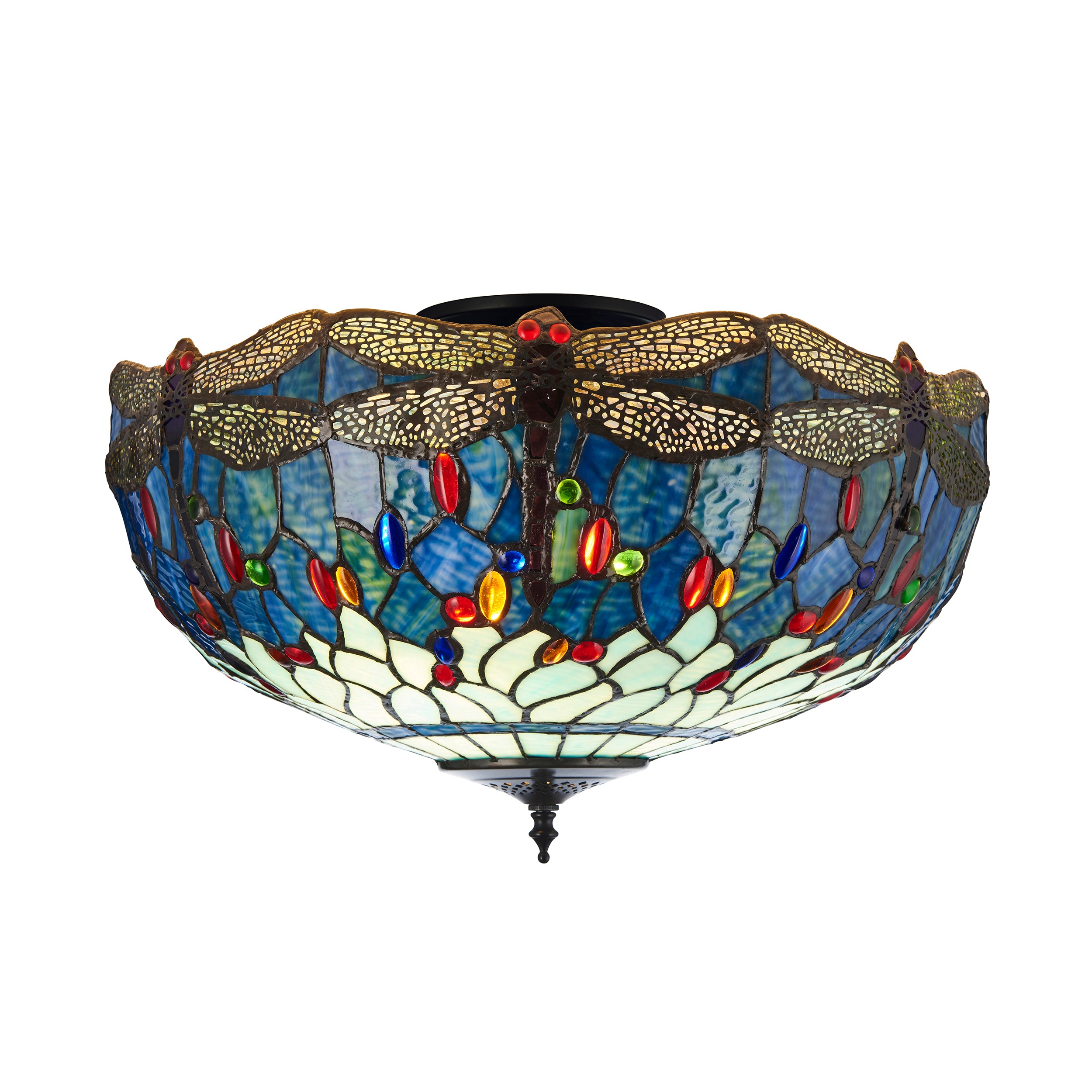 Interiors 1900 Dragonfly Blue Large 3 Light Semi Flush Pendant - Handcrafted Tiffany Style Glass