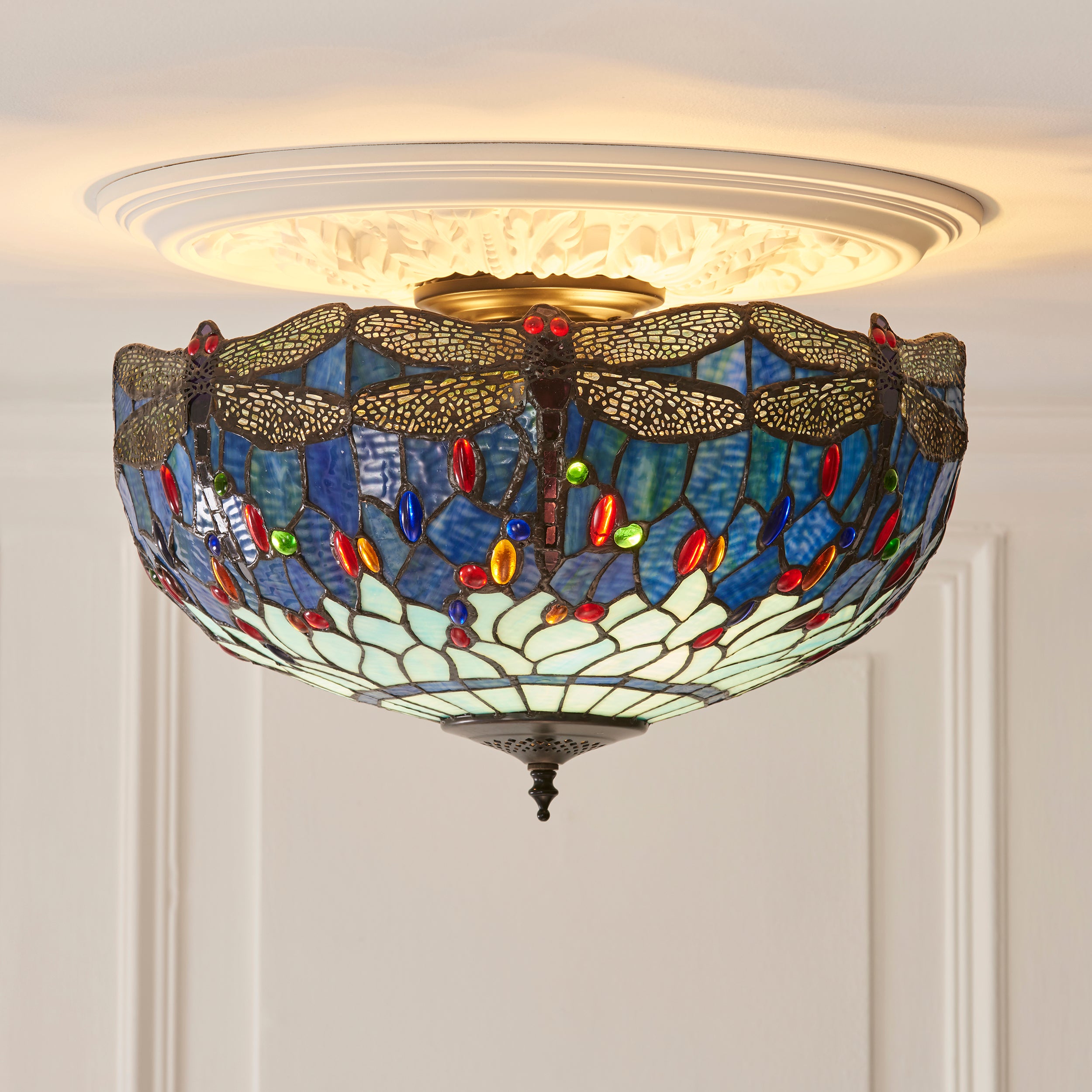 Interiors 1900 Dragonfly Blue Large 3 Light Semi Flush Pendant - Handcrafted Tiffany Style Glass