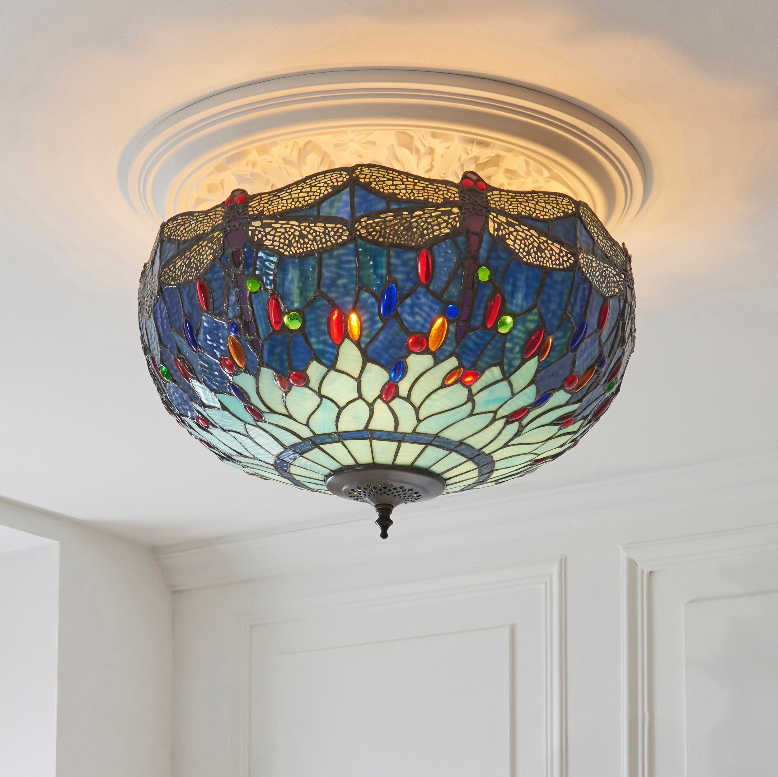 Interiors 1900 Dragonfly Blue Large 3 Light Semi Flush Pendant - Handcrafted Tiffany Style Glass