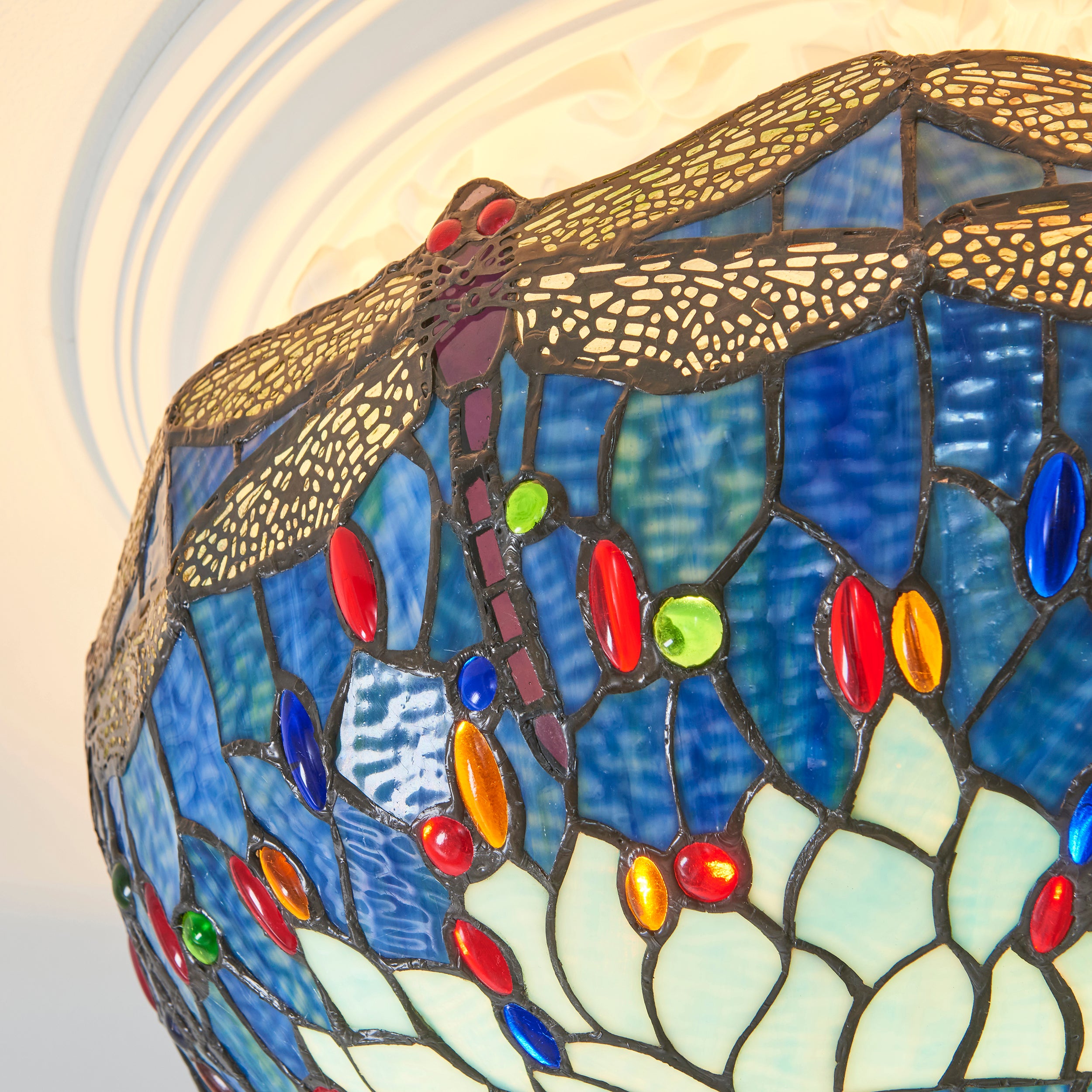 Interiors 1900 Dragonfly Blue Large 3 Light Semi Flush Pendant -Handcrafted Tiffany Style Glass