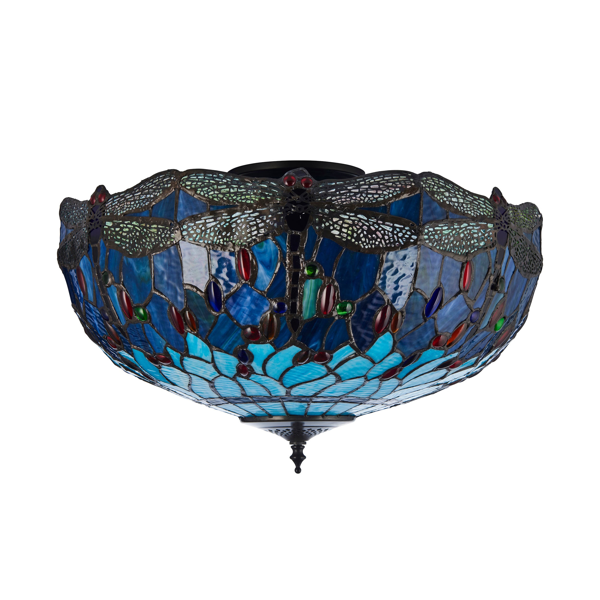 Interiors 1900 Dragonfly Blue Large 3 Light Semi Flush Pendant - Handcrafted Tiffany Style Glass
