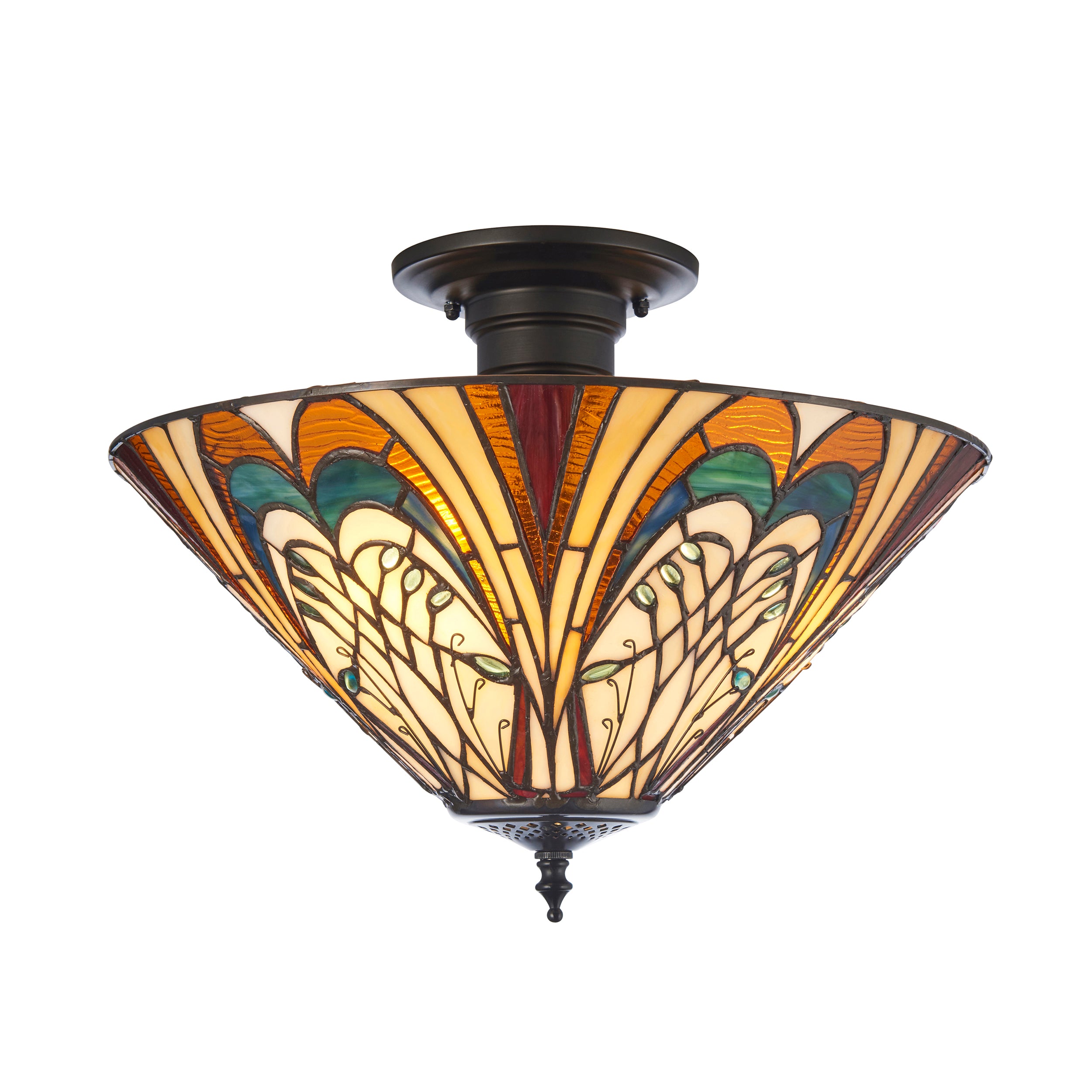Interiors 1900 Hector 3 Light Semi Flush Pendant - Handcrafted Tiffany Style Glass