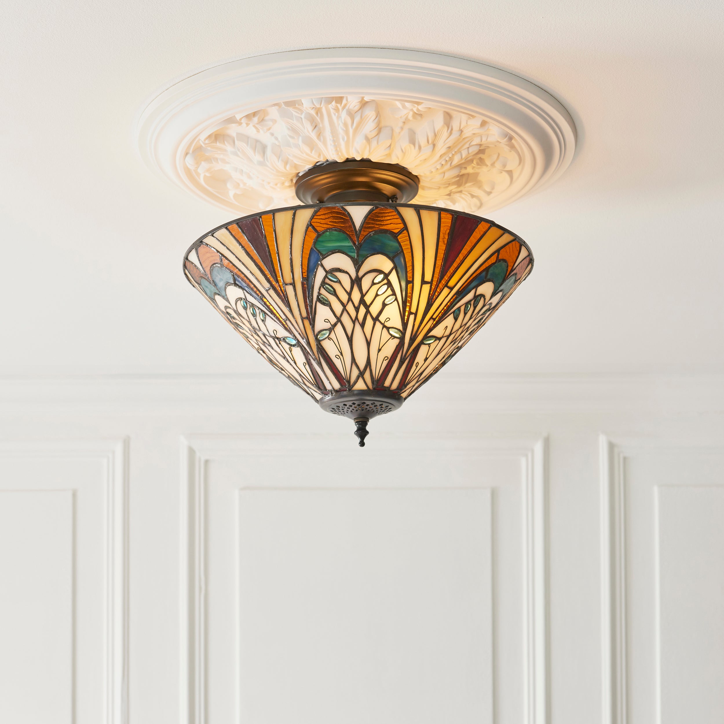 Interiors 1900 Hector 3 Light Semi Flush Pendant - Handcrafted Tiffany Style Glass