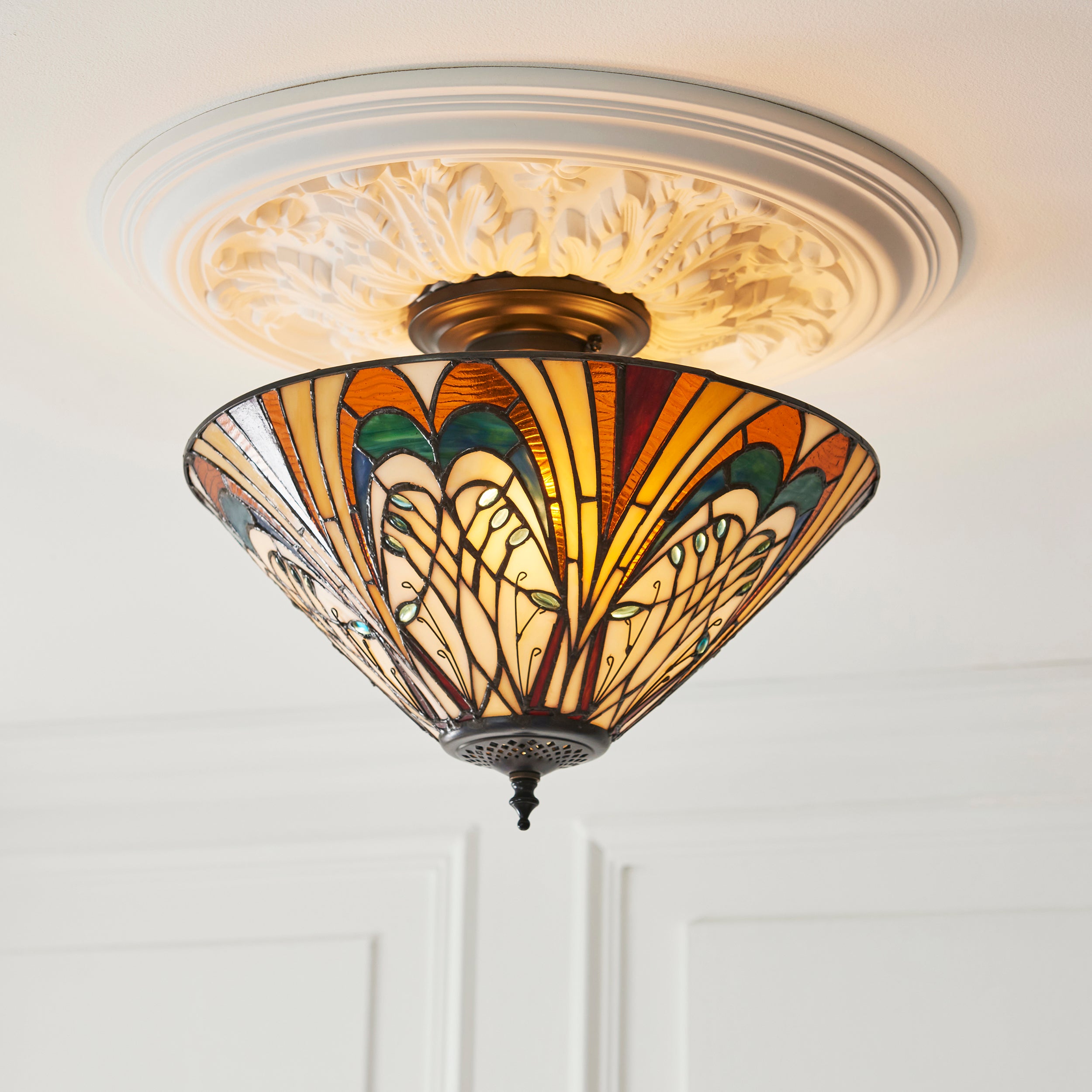 Interiors 1900 Hector 3 Light Semi Flush Pendant - Handcrafted Tiffany Style Glass