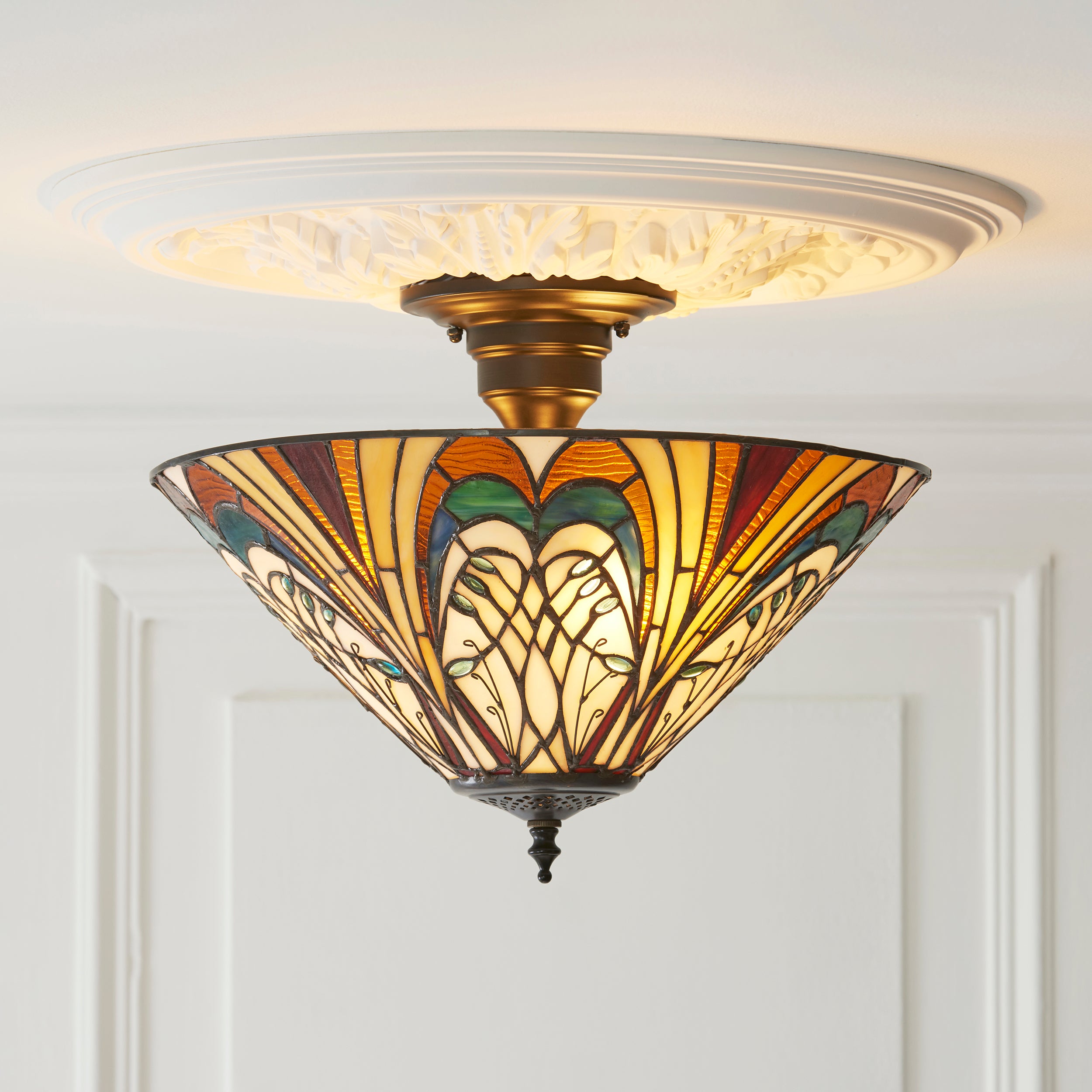 Interiors 1900 Hector 3 Light Semi Flush Pendant -Handcrafted Tiffany Style Glass