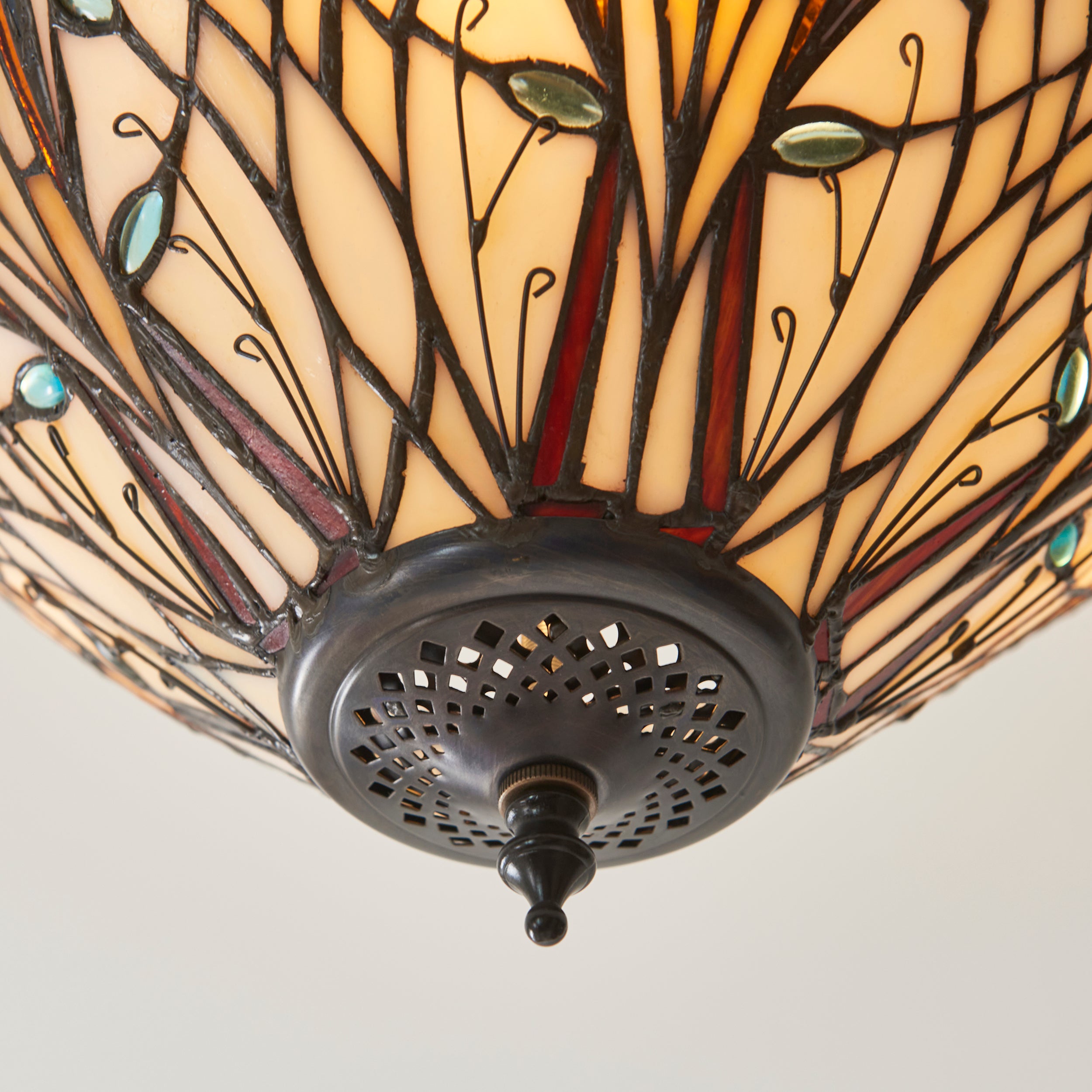 Interiors 1900 Hector 3 Light Semi Flush Pendant - Handcrafted Tiffany Style Glass
