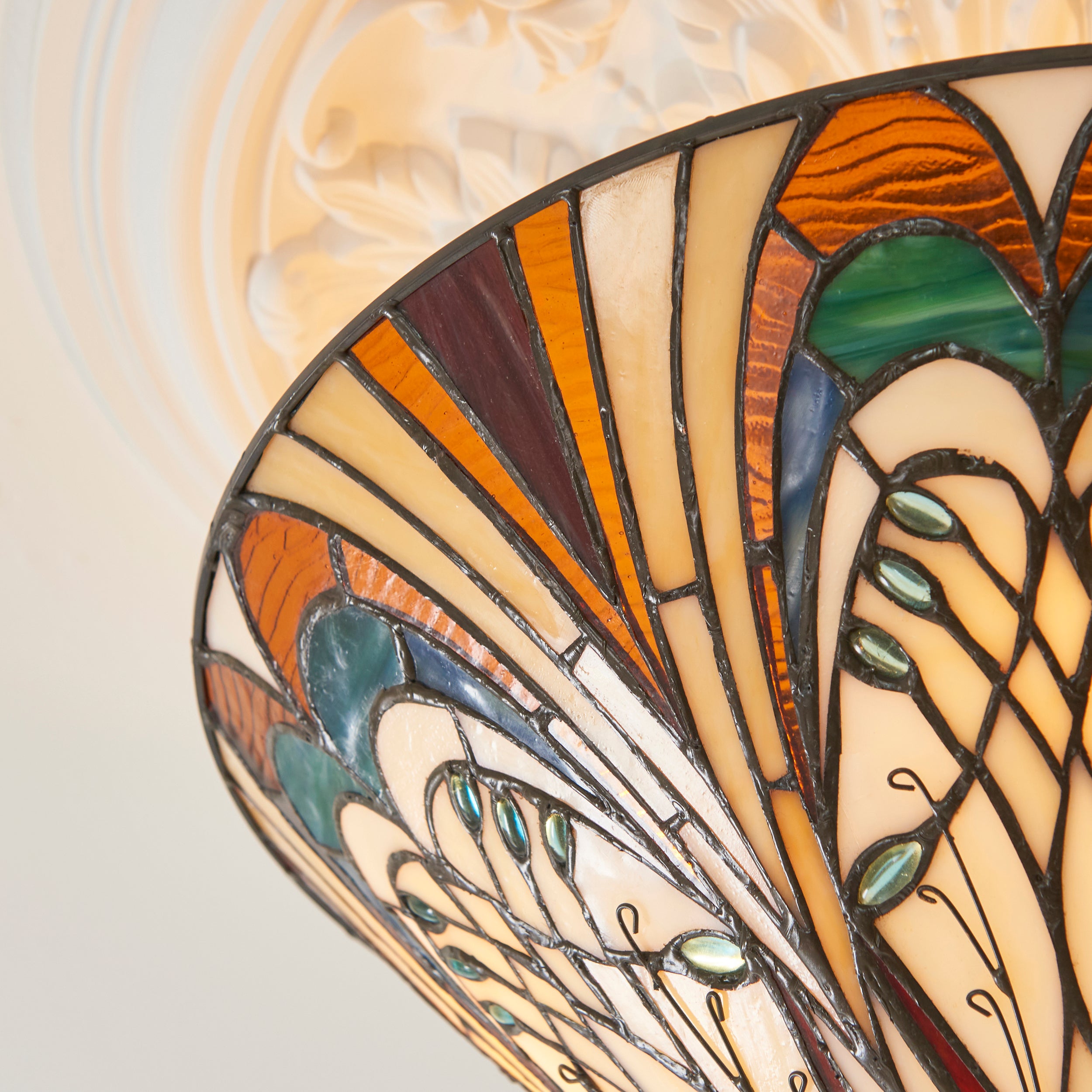 Interiors 1900 Hector 3 Light Semi Flush Pendant - Handcrafted Tiffany Style Glass