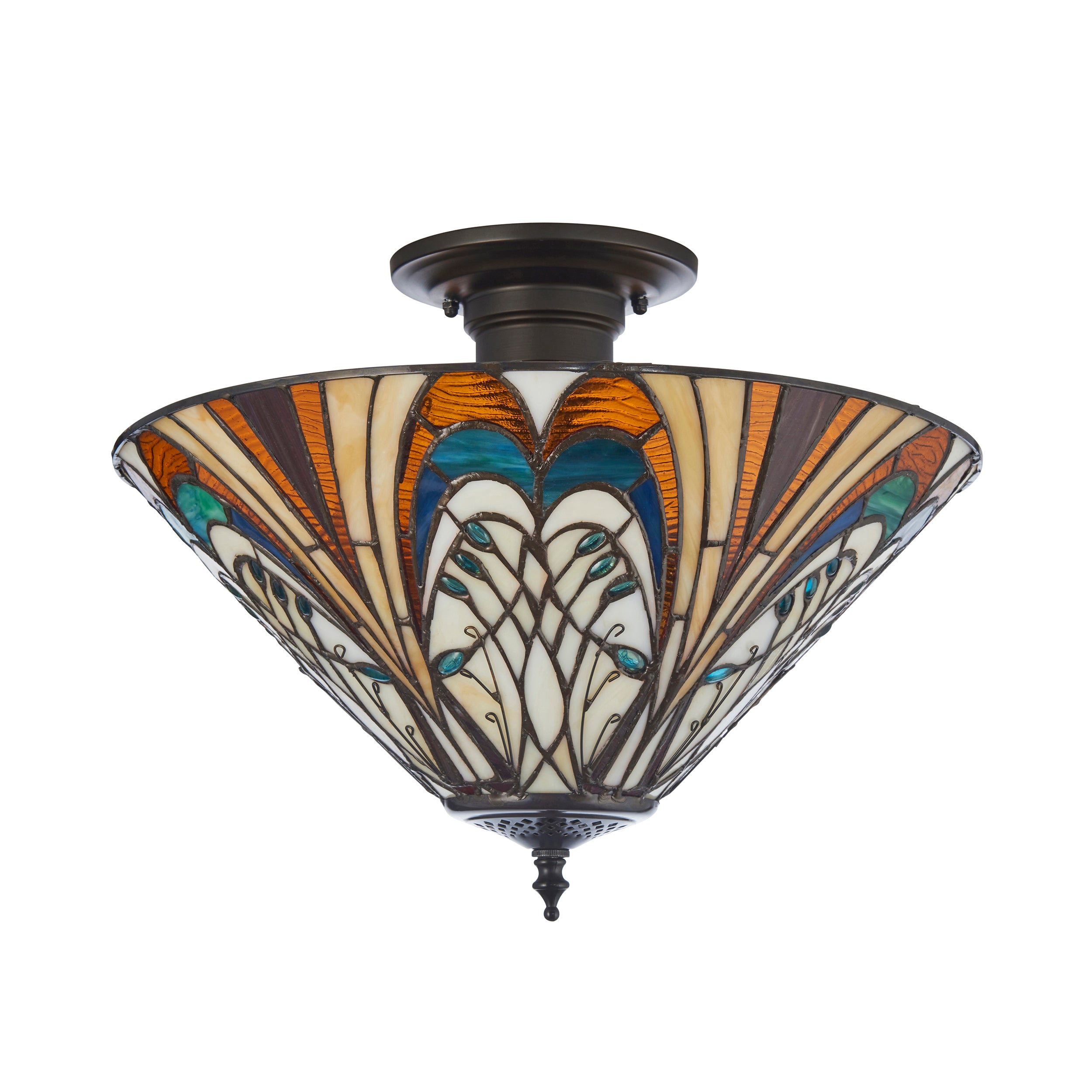 Interiors 1900 Hector 3 Light Semi Flush Pendant - Handcrafted Tiffany Style Glass