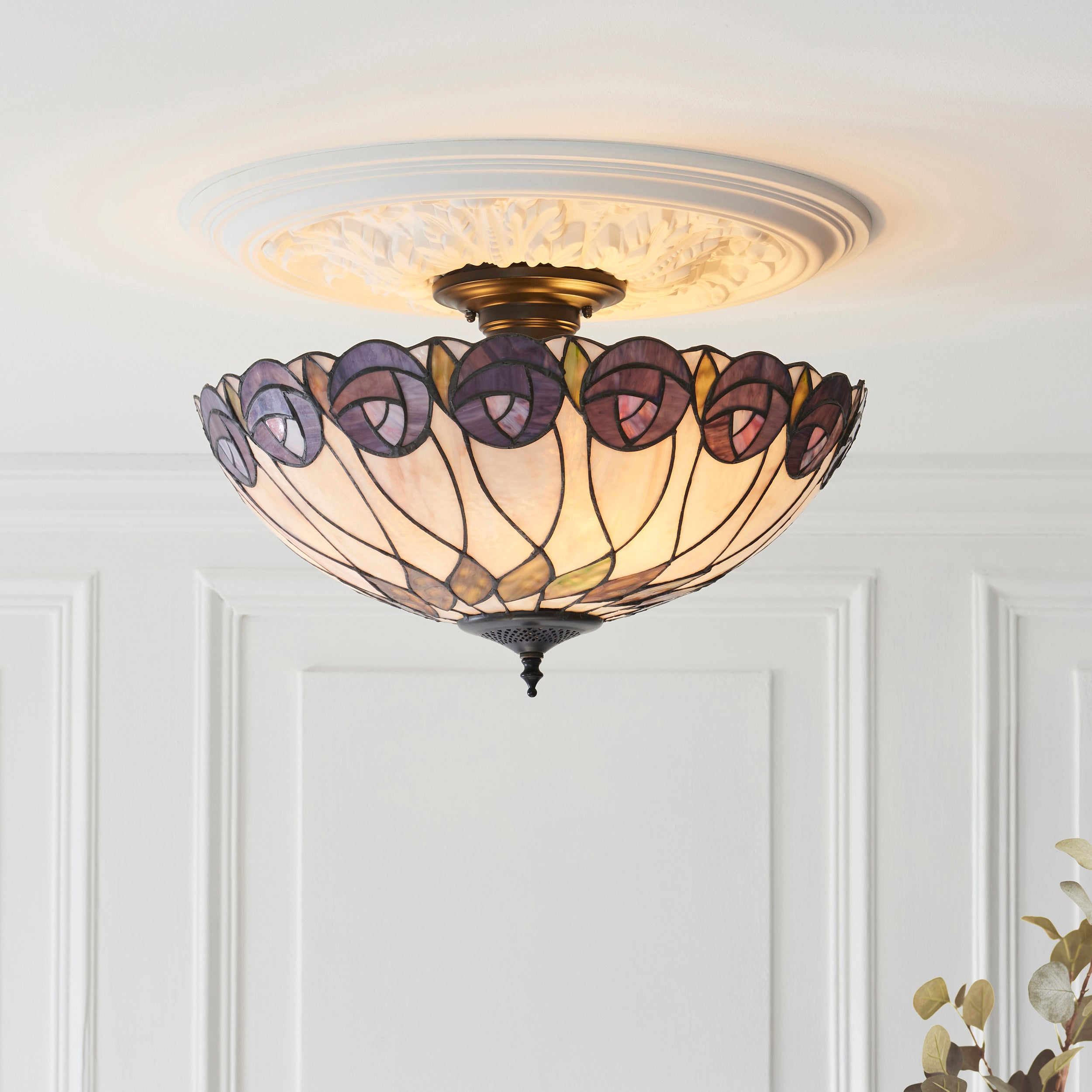 Interiors 1900 Hutchinson 3 Light Semi Flush Pendant - Handcrafted Tiffany Style Glass
