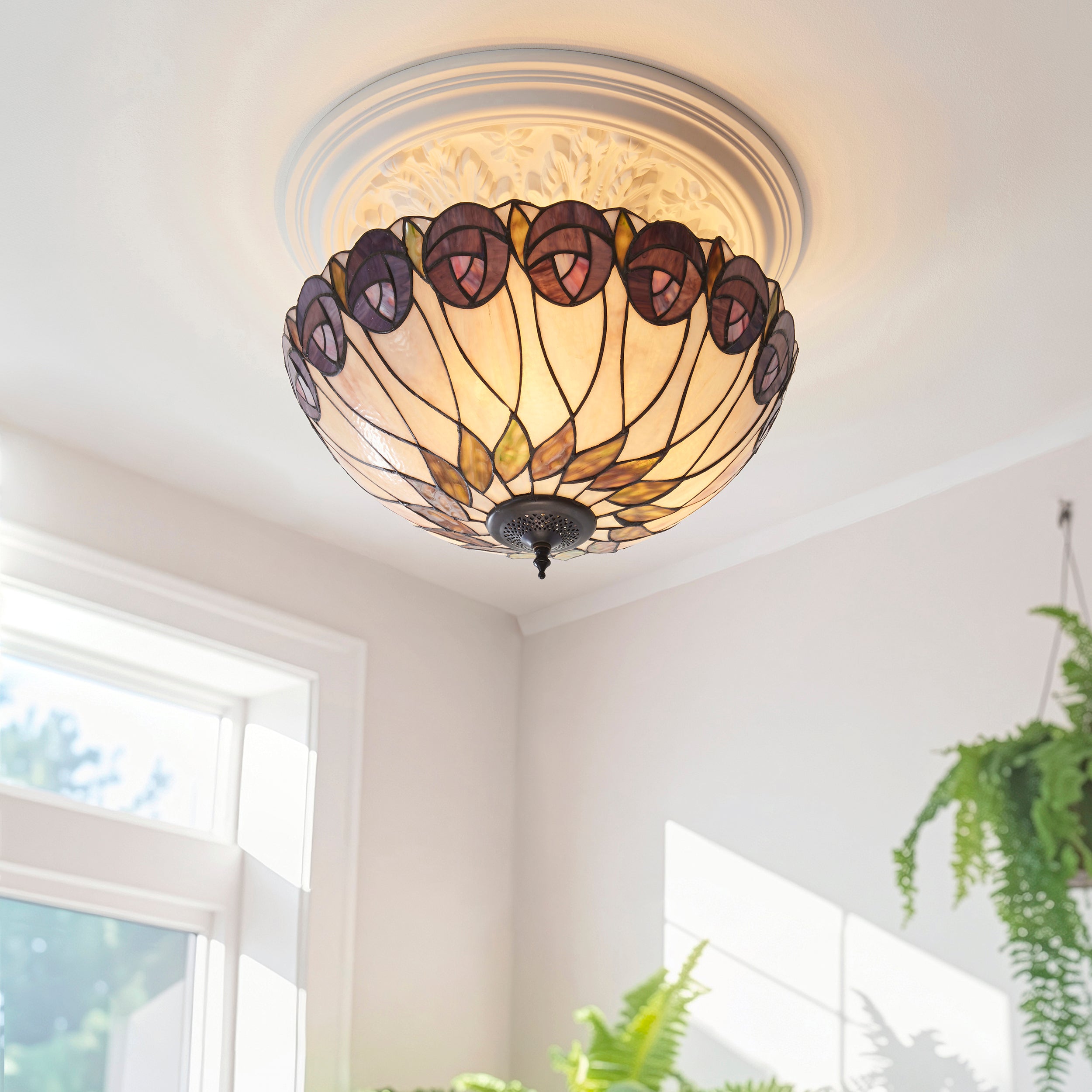 Interiors 1900 Hutchinson 3 Light Semi Flush Pendant - Handcrafted Tiffany Style Glass