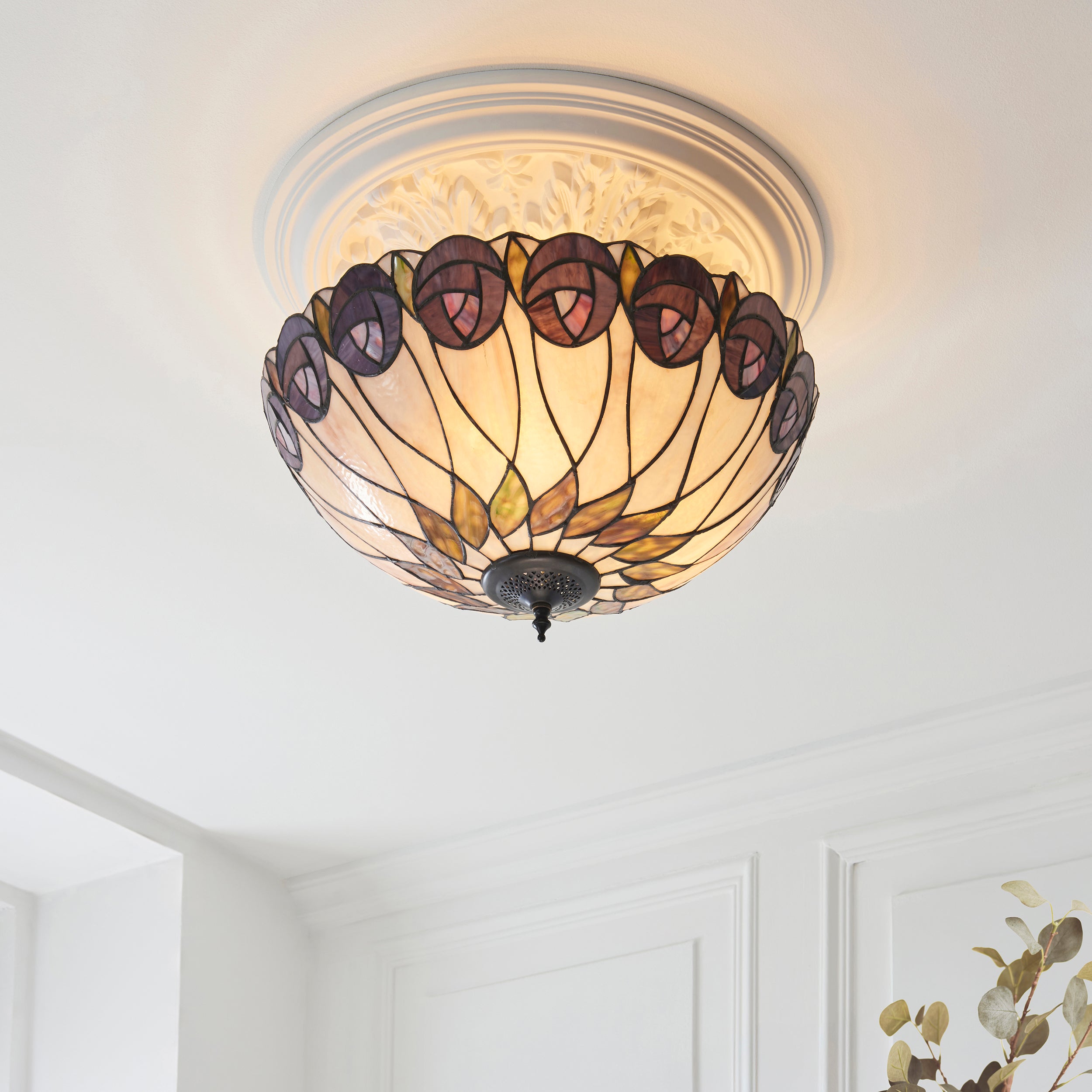 Interiors 1900 Hutchinson 3 Light Semi Flush Pendant - Handcrafted Tiffany Style Glass