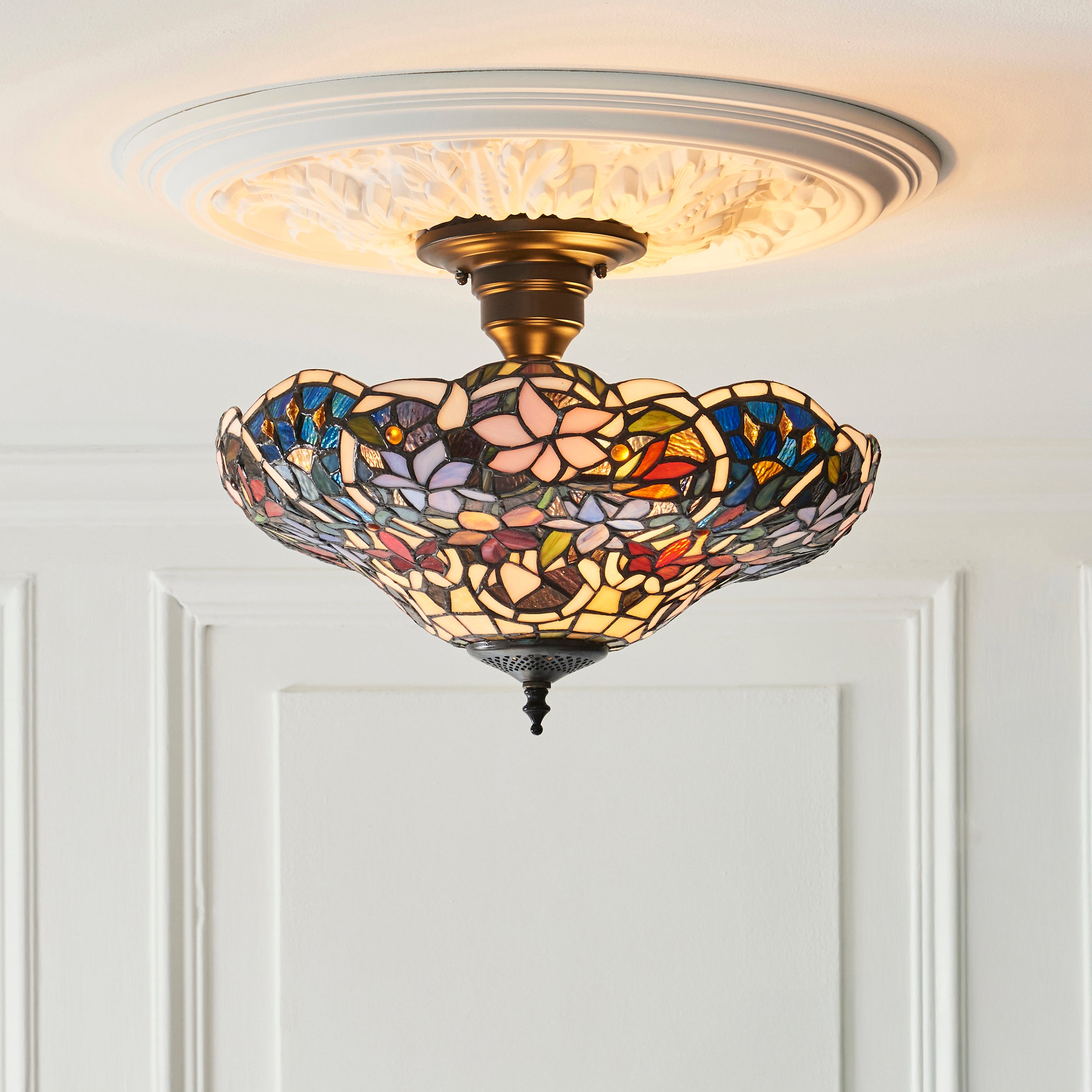 Interiors 1900 Sullivan 3 Light Semi Flush Pendant -Handcrafted Tiffany Style Glass