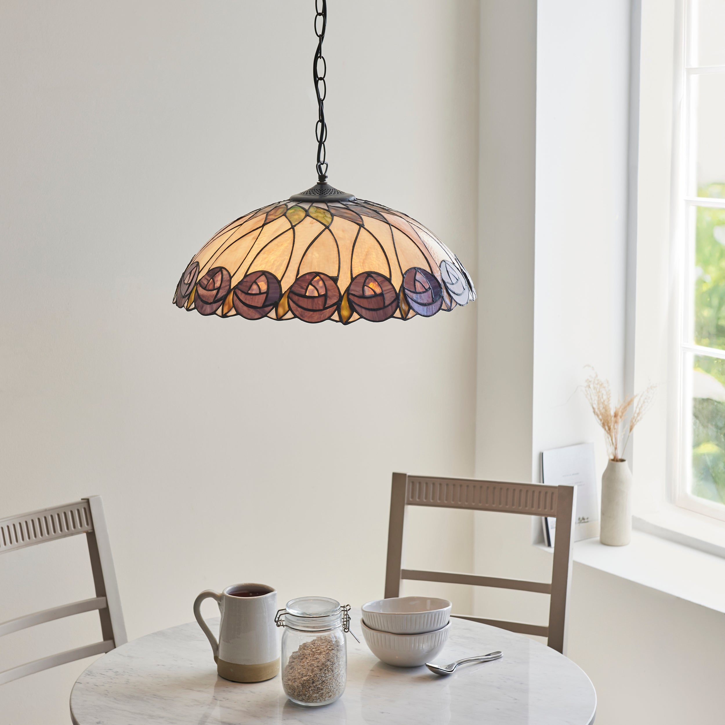 Interiors 1900 Hutchinson 3 Light Large Pendant - Handcrafted Tiffany Style Glass