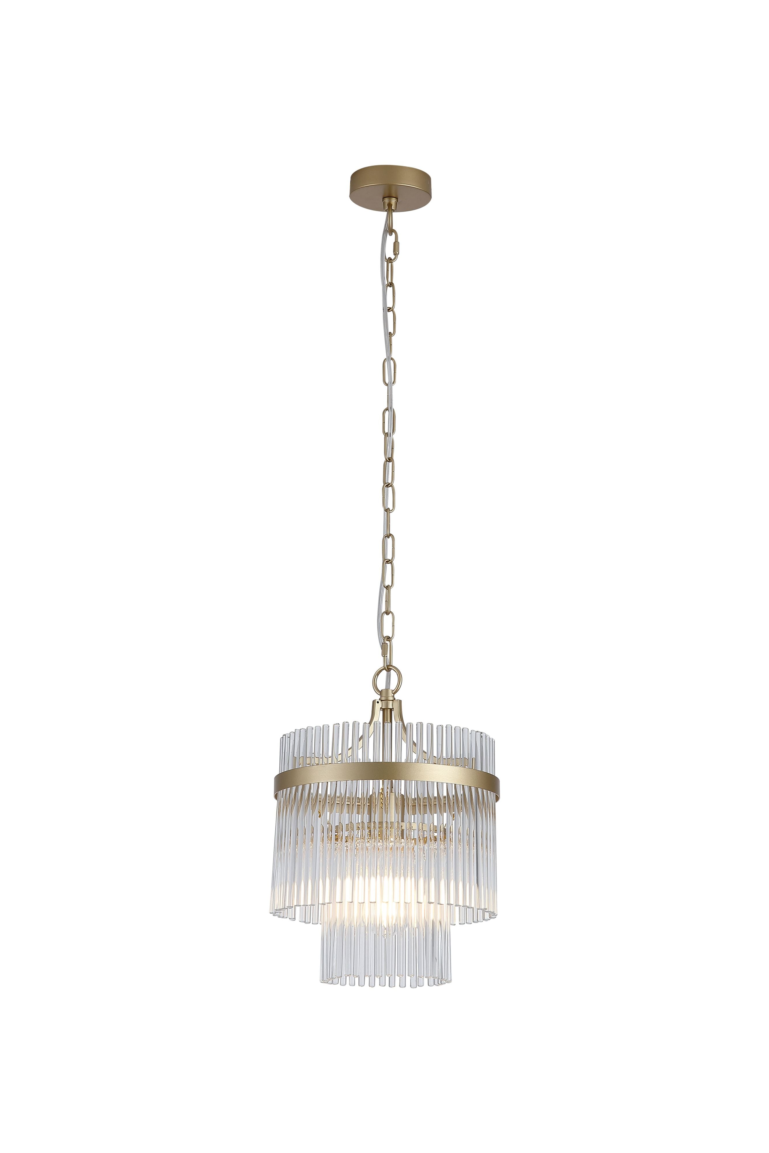 Searchlight Lara 1 light pendant in brushed gold with clear glass rods, studio front view of the two tier fringed glass shade