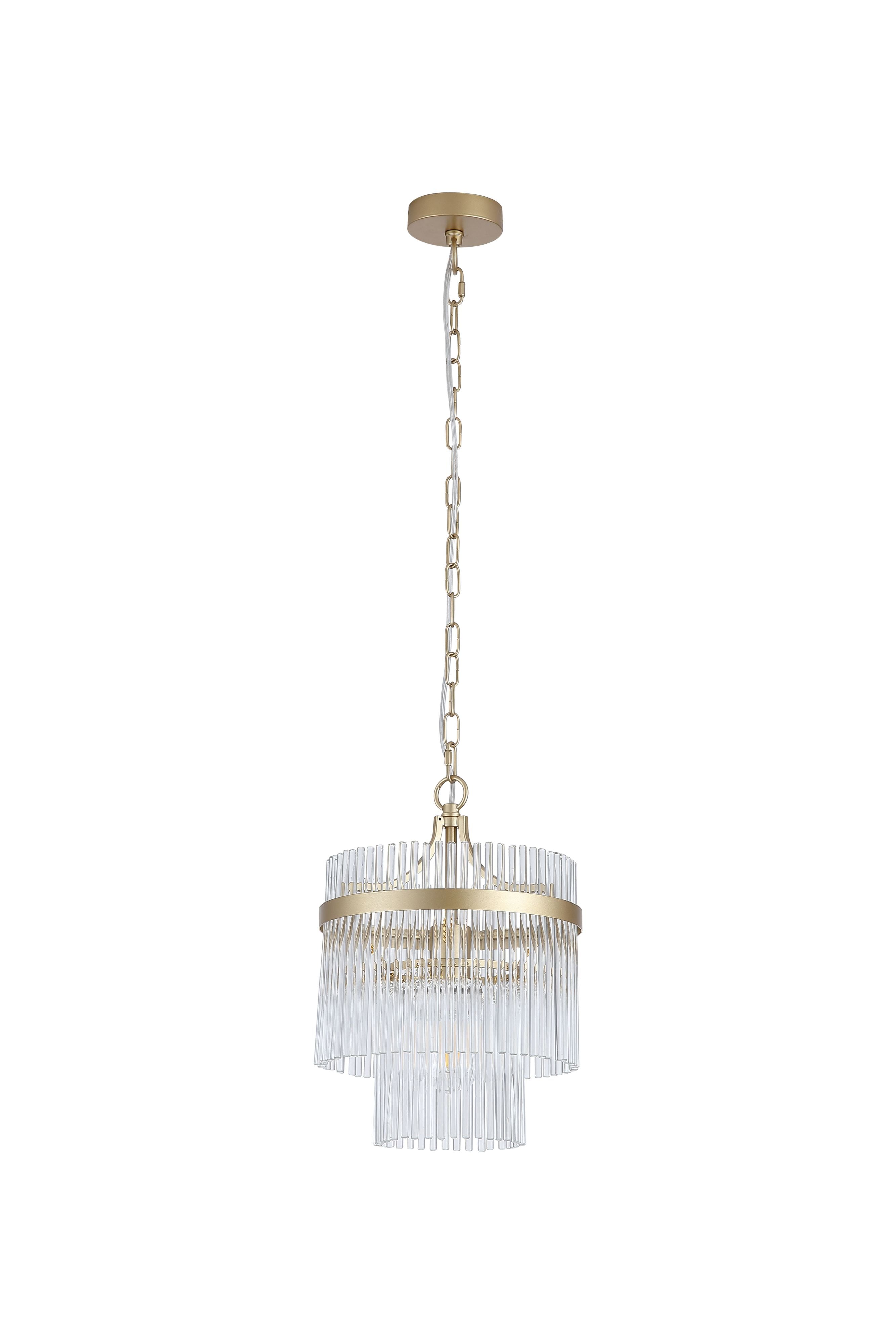 Searchlight Lara 1 light pendant in gold metal and clear glass rods, angled studio view showing the cascading rod tiers