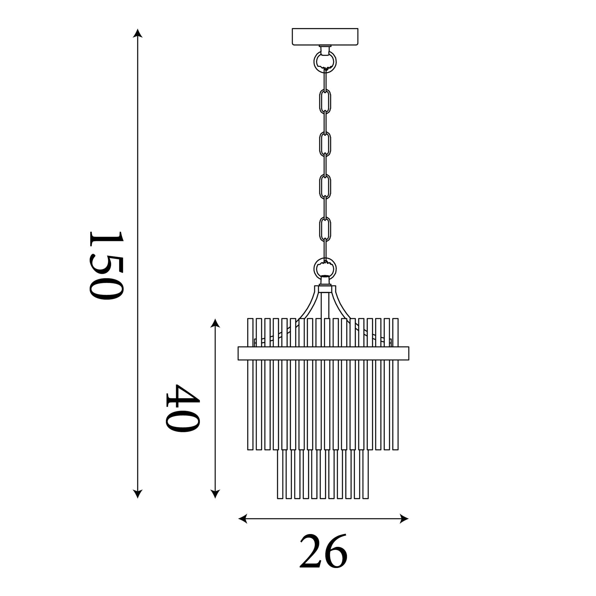 Technical drawing of the Searchlight Lara 1 light pendant showing 40cm height, 26cm width and a maximum drop of 150cm