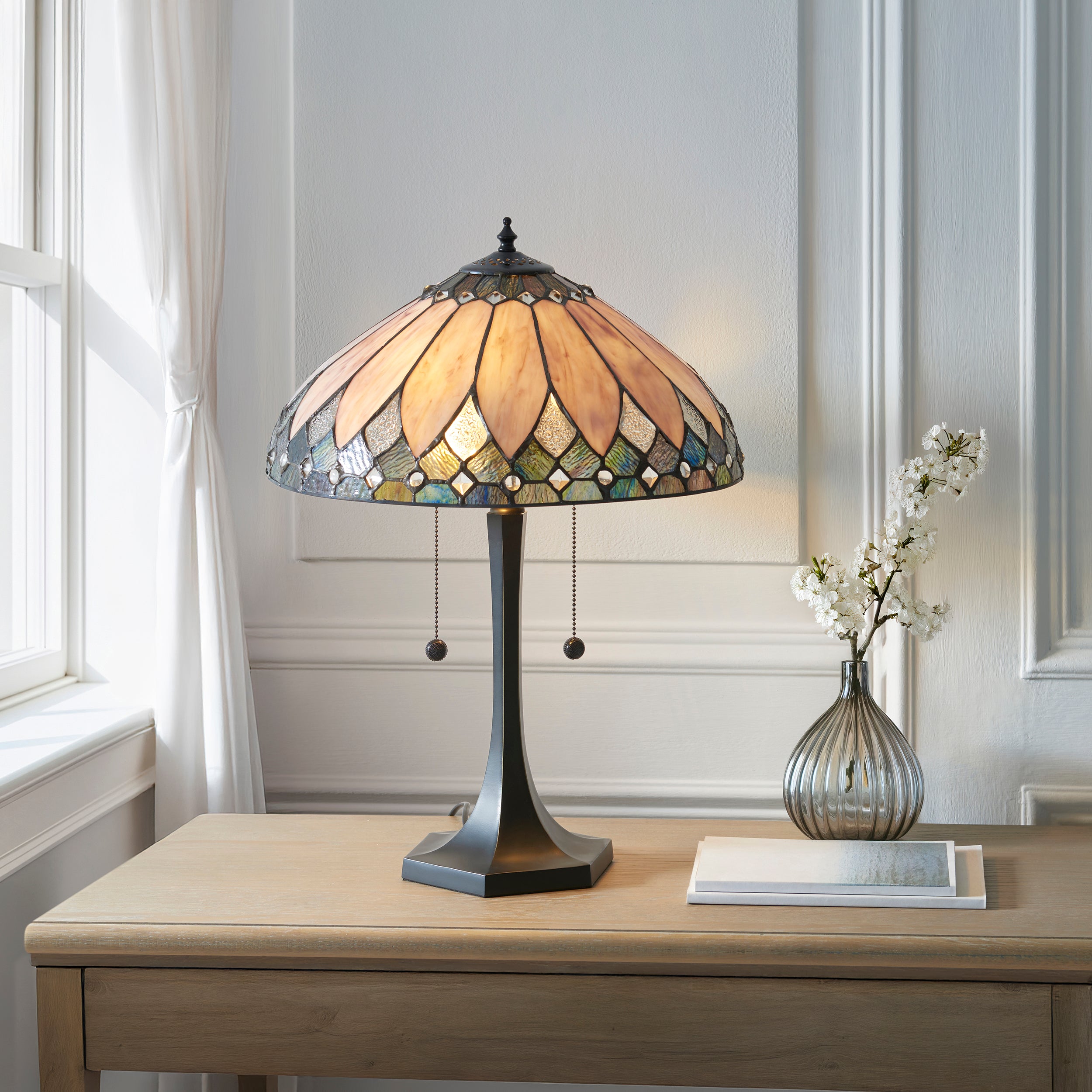 Interiors 1900 Brooklyn Medium 2 Light Table Lamp -Handcrafted Tiffany Style Glass
