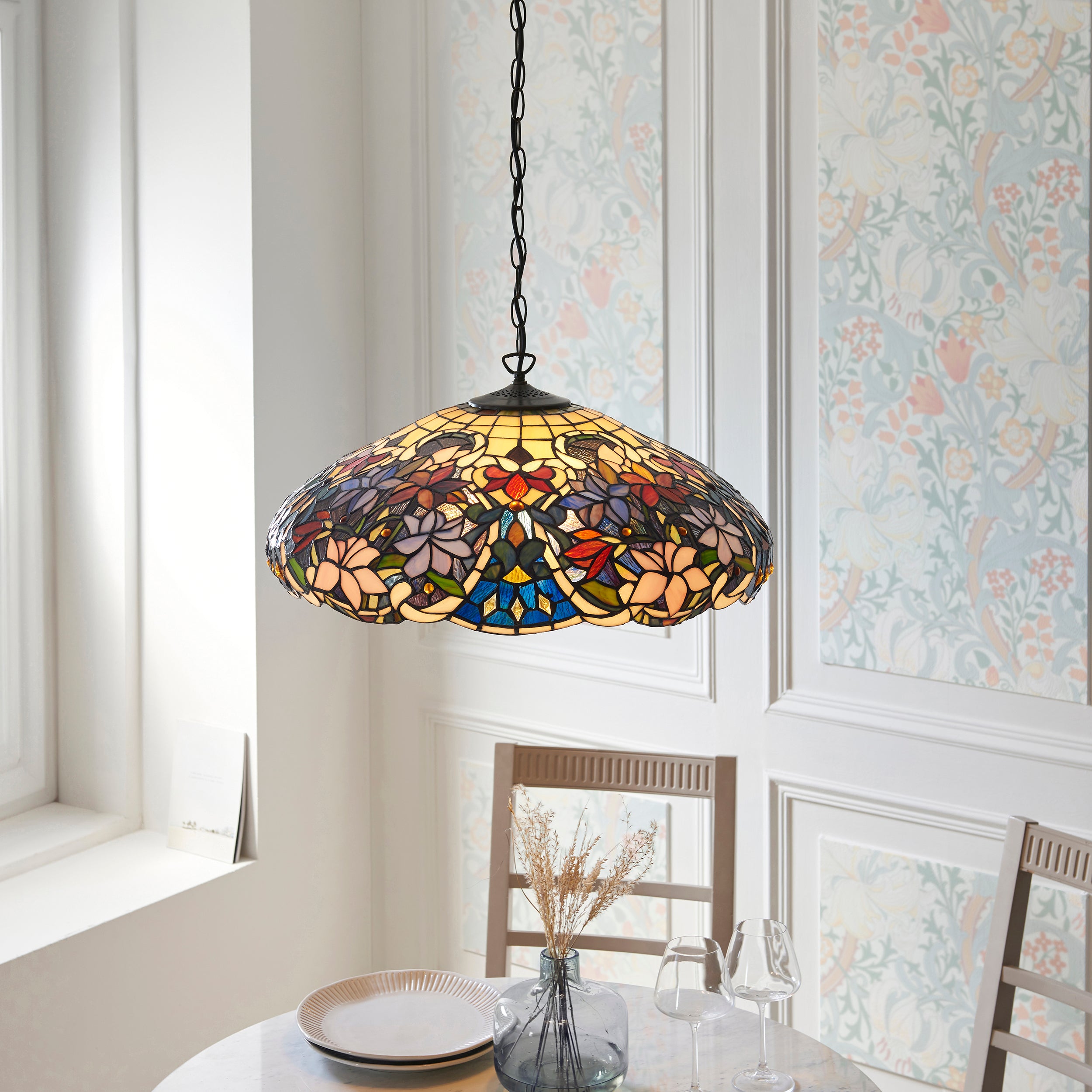 Interiors 1900 Sullivan 3 Light Large Pendant - Handcrafted Tiffany Style Glass