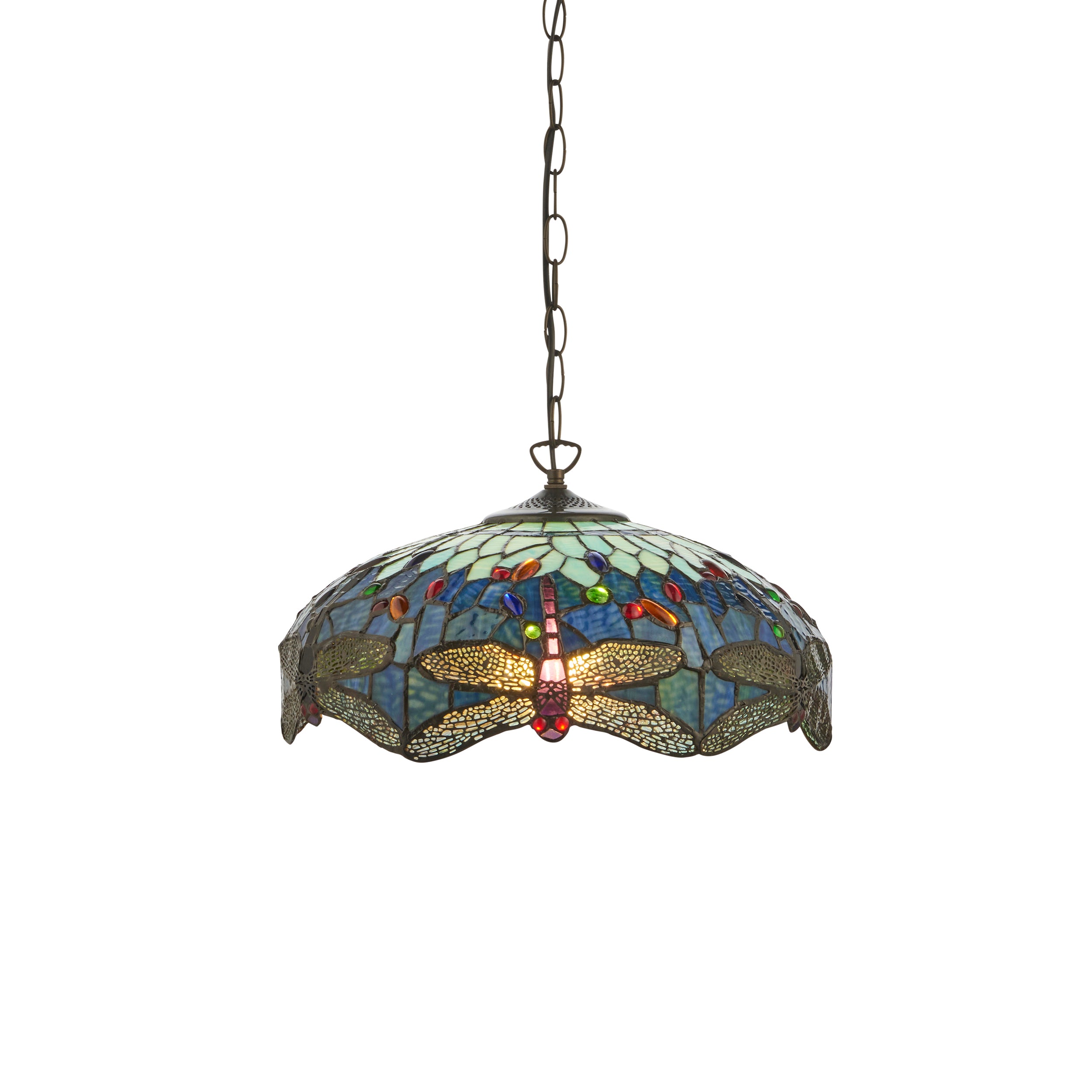 Interiors 1900 Dragonfly Blue Medium Pendant - Handcrafted Tiffany Style Glass