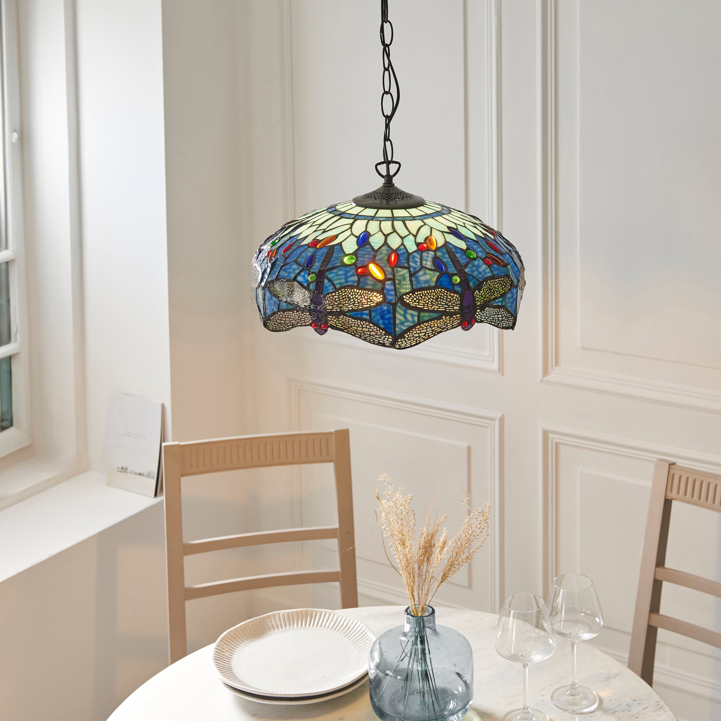 Interiors 1900 Dragonfly Blue Medium Pendant - Handcrafted Tiffany Style Glass