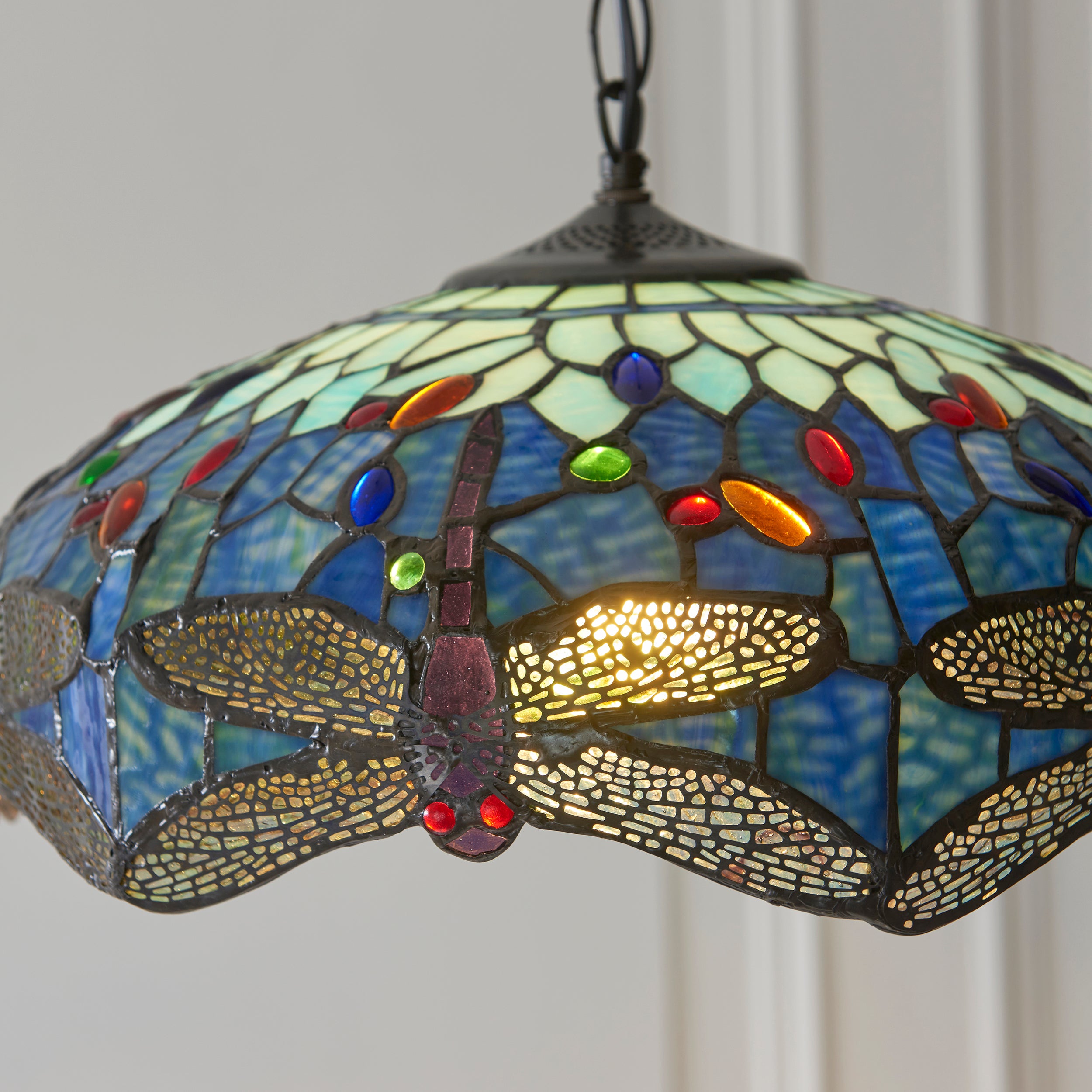 Interiors 1900 Dragonfly Blue Medium Pendant - Handcrafted Tiffany Style Glass