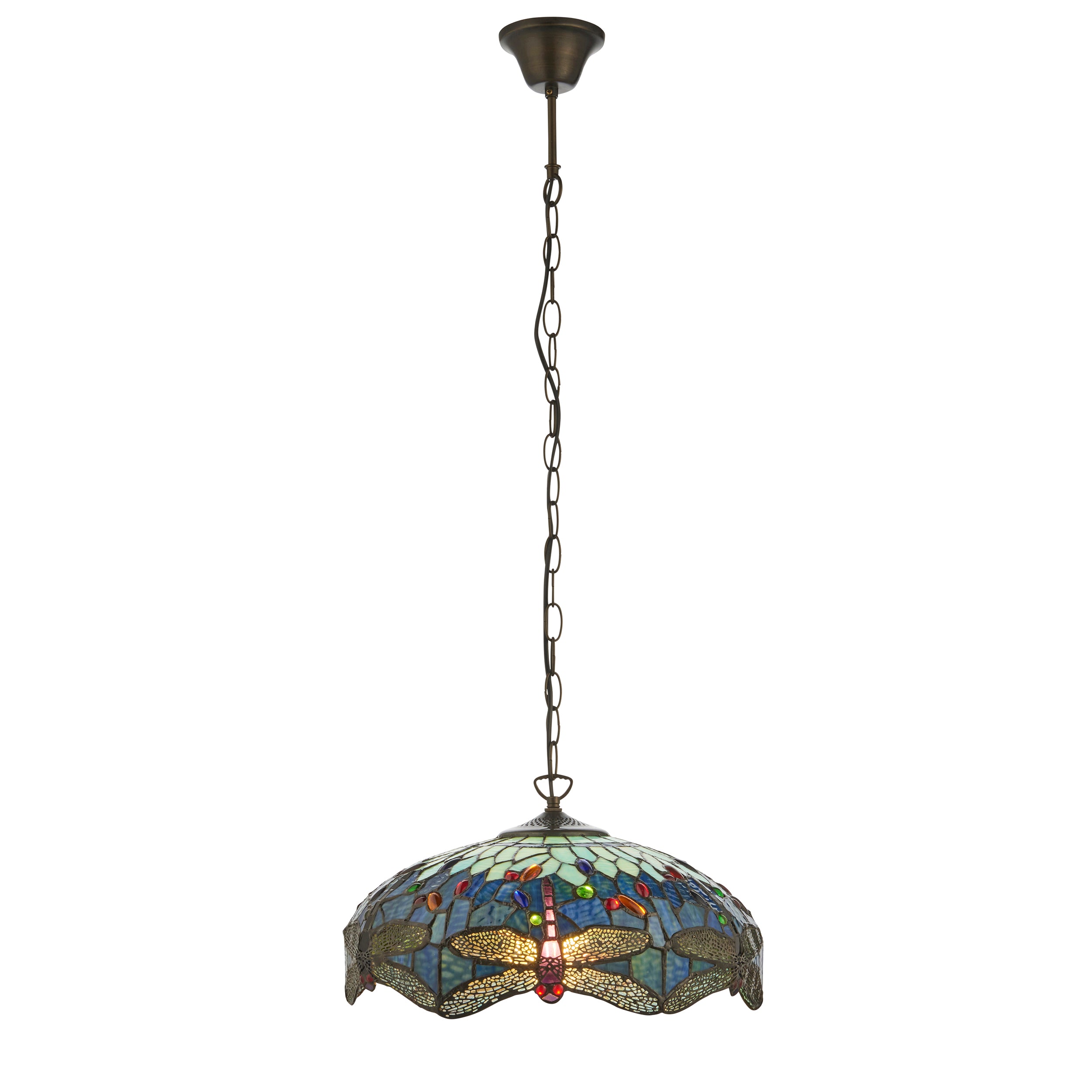 Interiors 1900 Dragonfly Blue Medium Pendant - Handcrafted Tiffany Style Glass