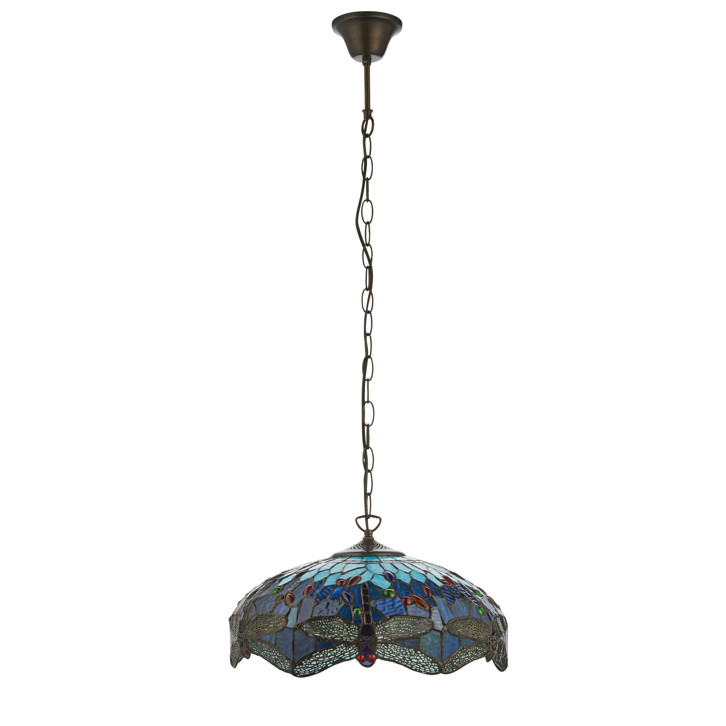 Interiors 1900 Dragonfly Blue Medium Pendant - Handcrafted Tiffany Style Glass