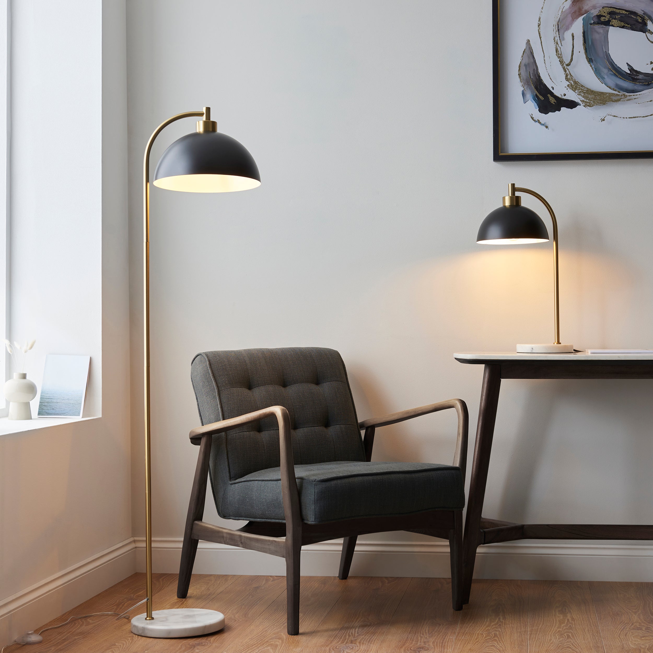 Endon Buchanan Single Light Table Lamp - Matt Black, Antique Brass Plate & Grey Marble