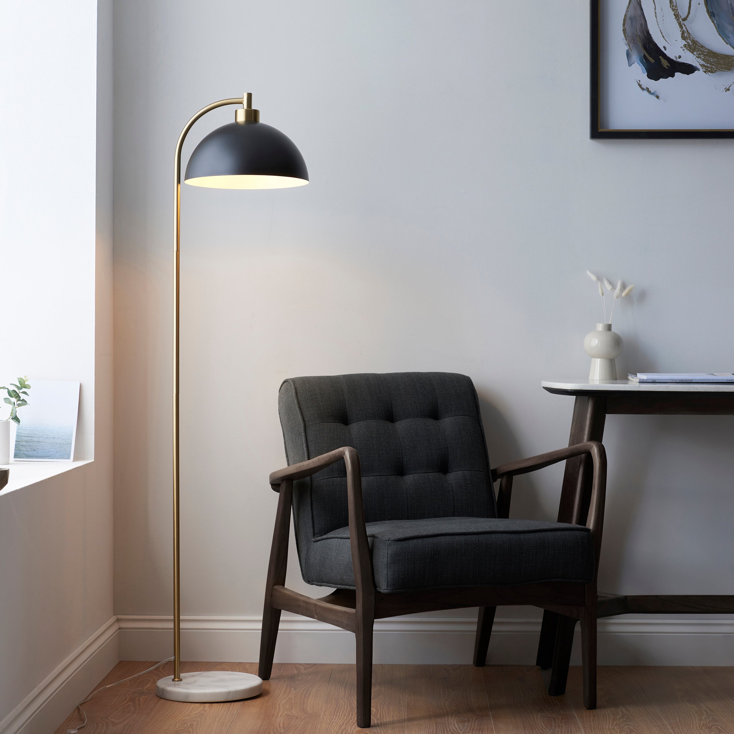Endon Buchanan Single Light Floor - Matt Black, Antique Brass Plate & Grey Marble