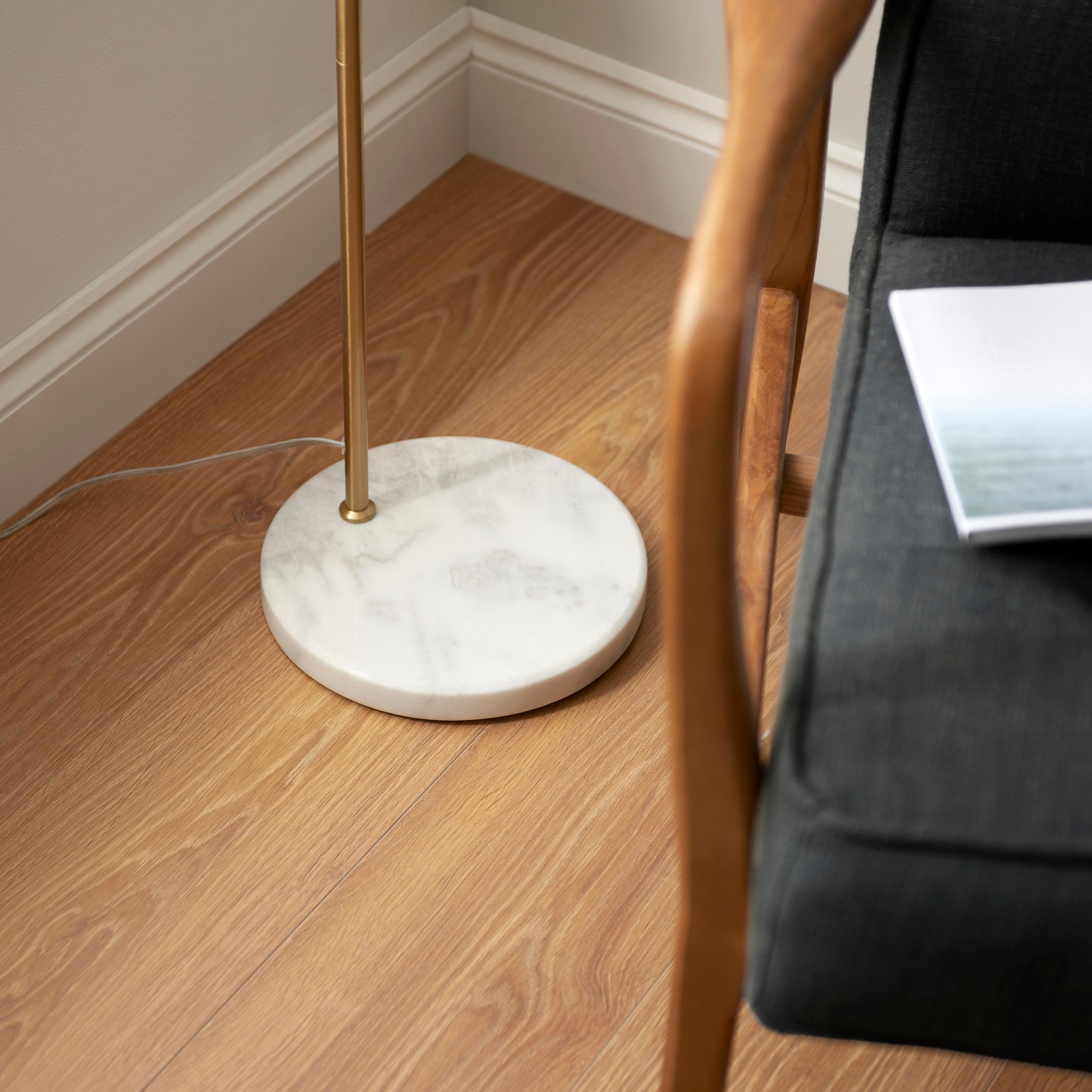 Endon Buchanan Single Light Floor - Matt Black, Antique Brass Plate & Grey Marble