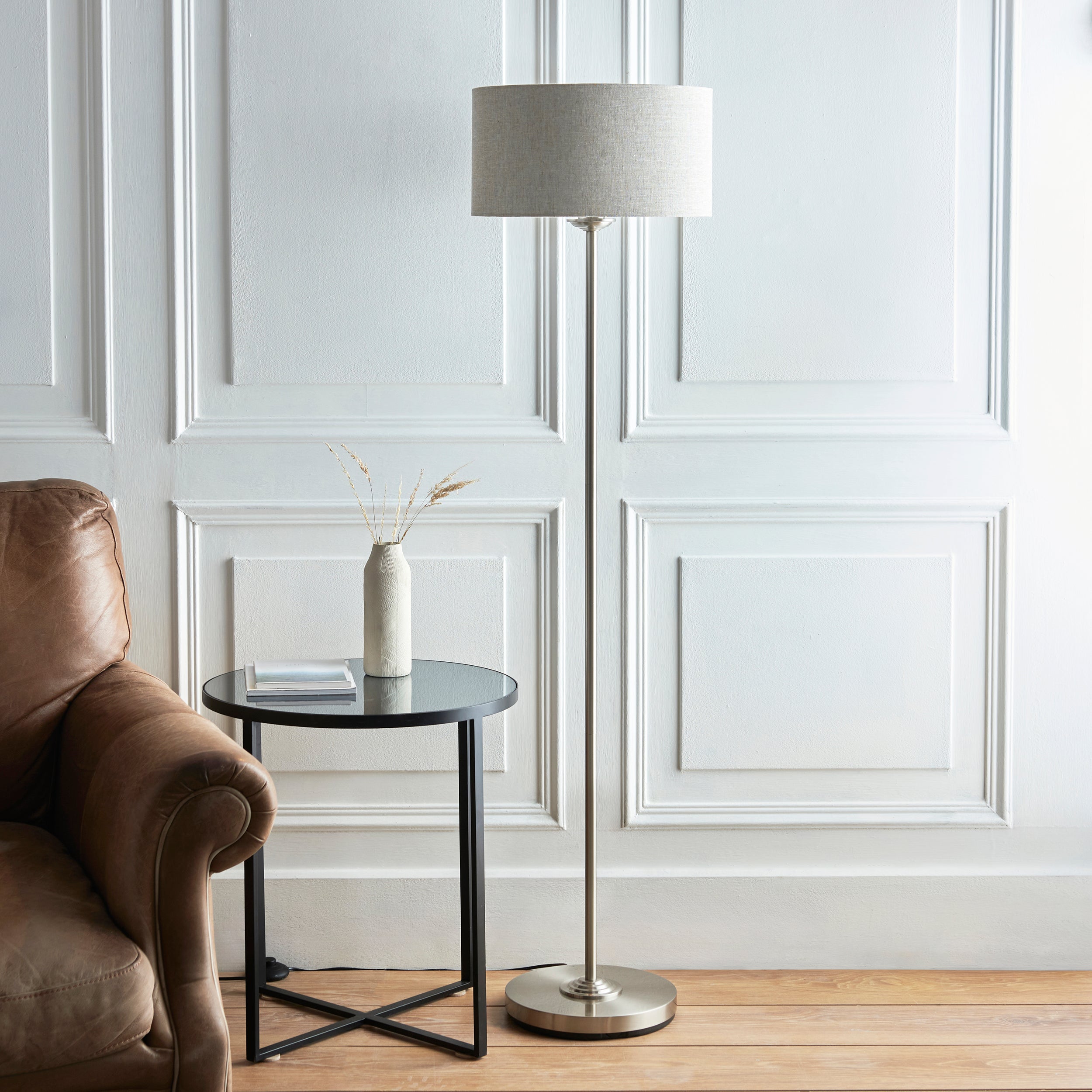 Endon Highclere Single Light Floor - Brushed Chrome Plate & Natural Linen