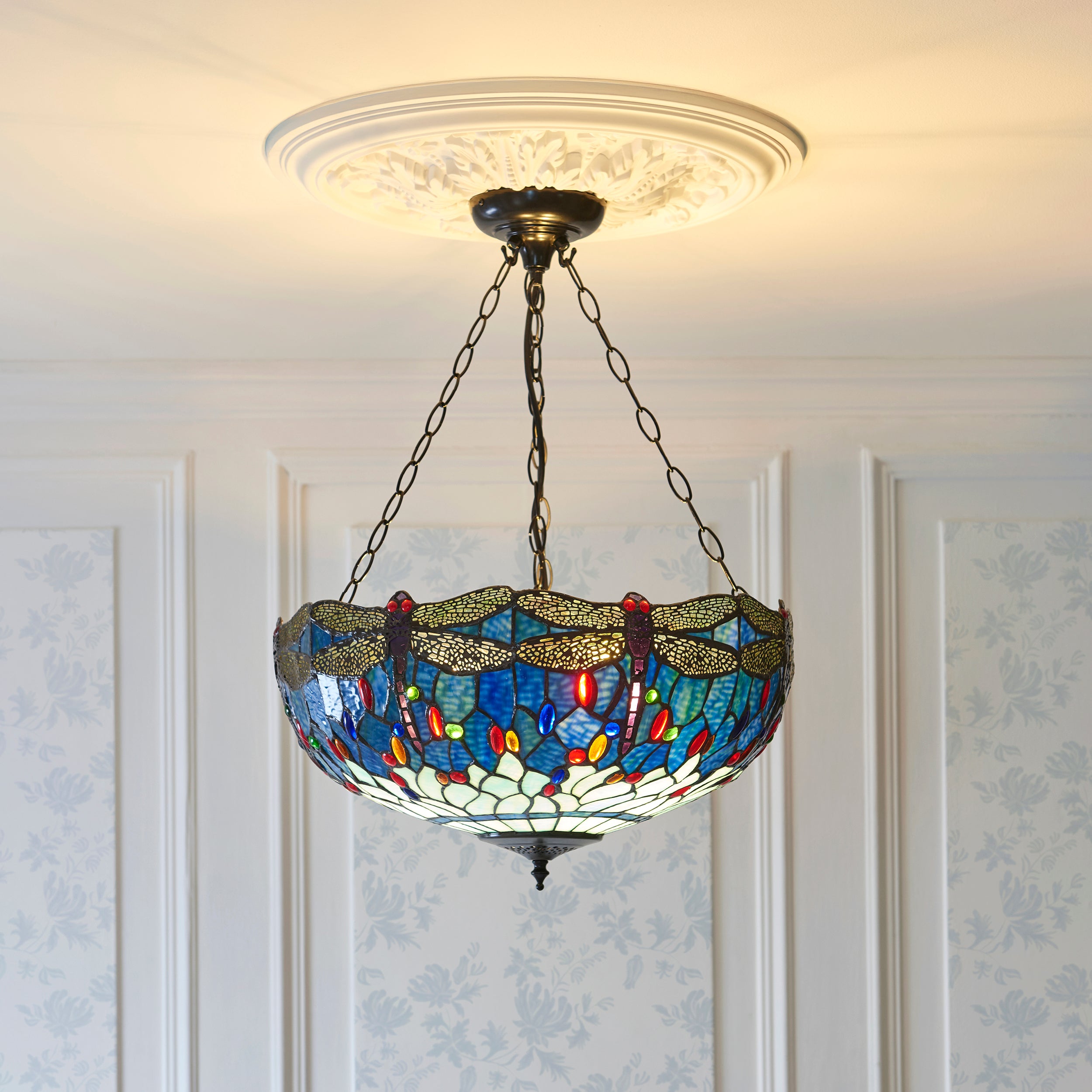 Interiors 1900 Dragonfly Blue Large Inverted 3 Light Pendant - Handcrafted Tiffany Style Glass