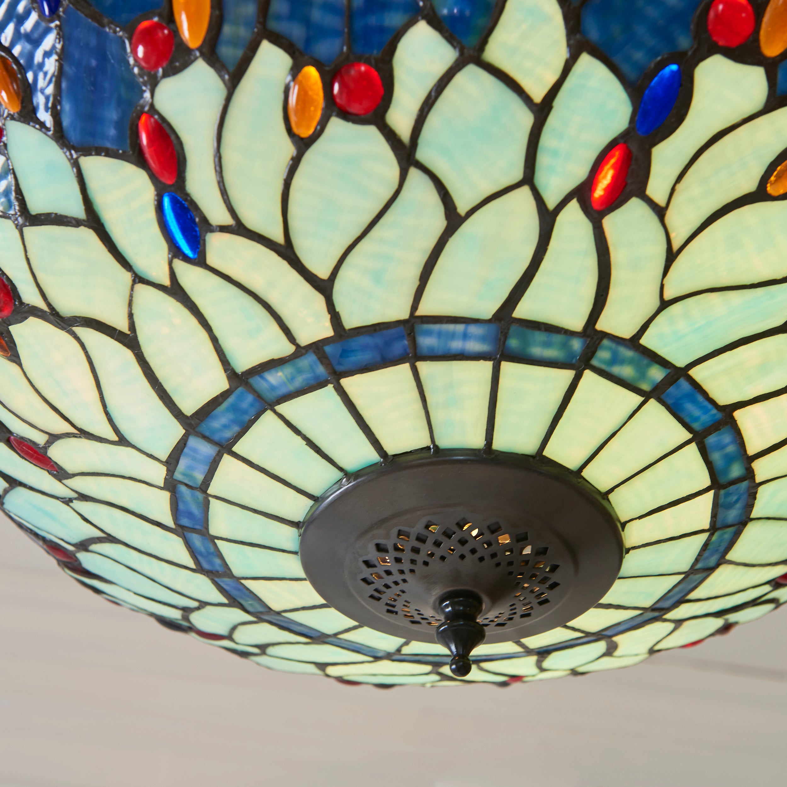 Interiors 1900 Dragonfly Blue Large Inverted 3 Light Pendant - Handcrafted Tiffany Style Glass